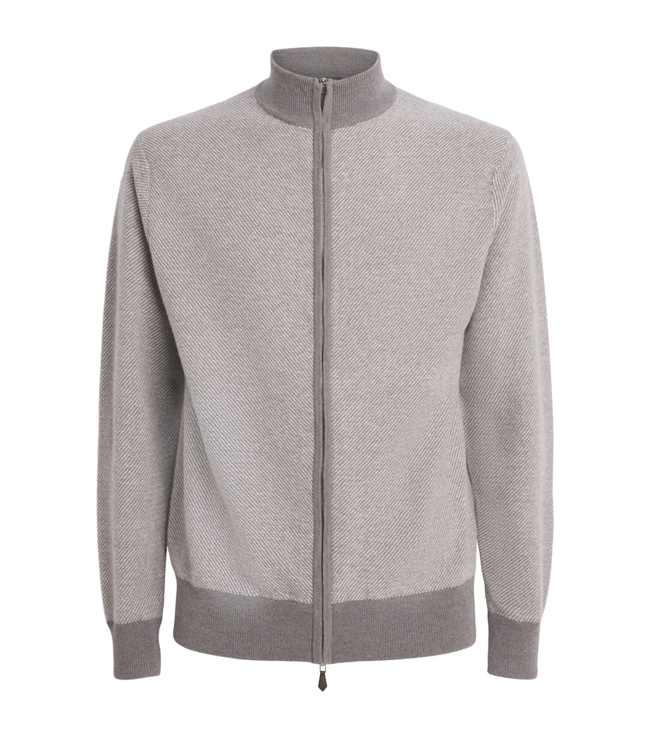 N.Peal Mens Organic Cashmere Birdseye Cardigan Taupe Ecru New Ivory Image 1