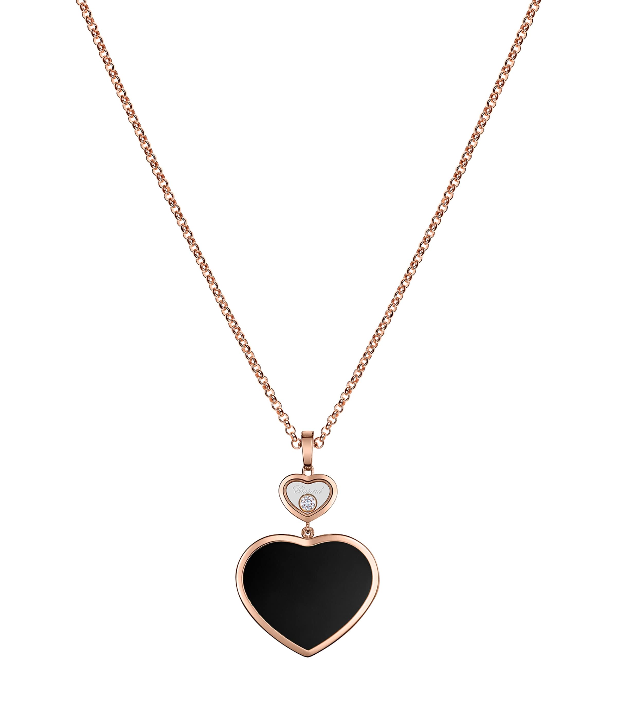 CHOPARD ROSE GOLD, DIAMOND AND ONYX HAPPY HEARTS PENDANT NECKLACE 