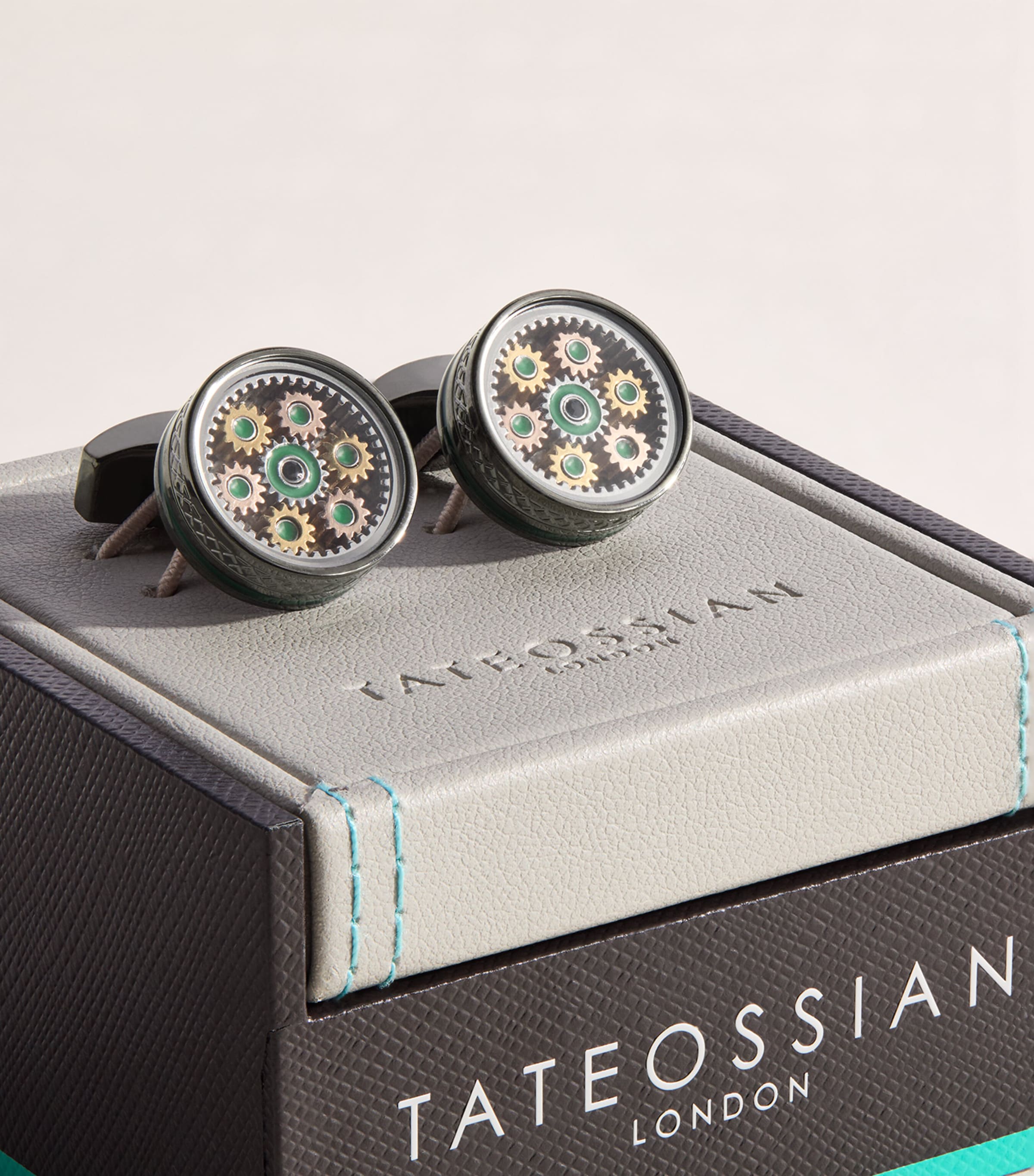 Tateossian Gunmetal Septa Gear Cufflinks Green Image 3