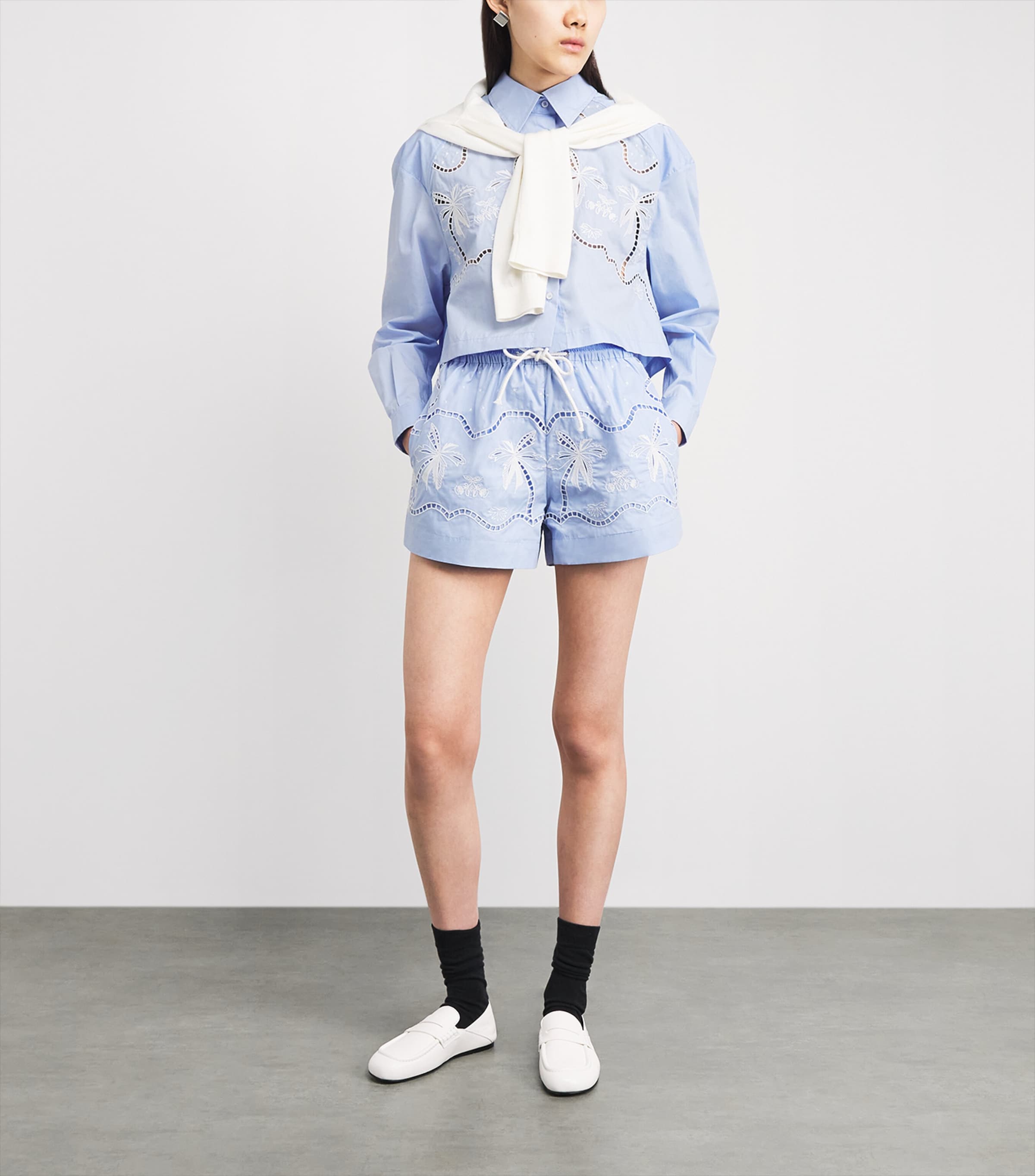 Sandro Paris Womens Cotton Embroidered Open-Work Shorts Sky Blue Image 2