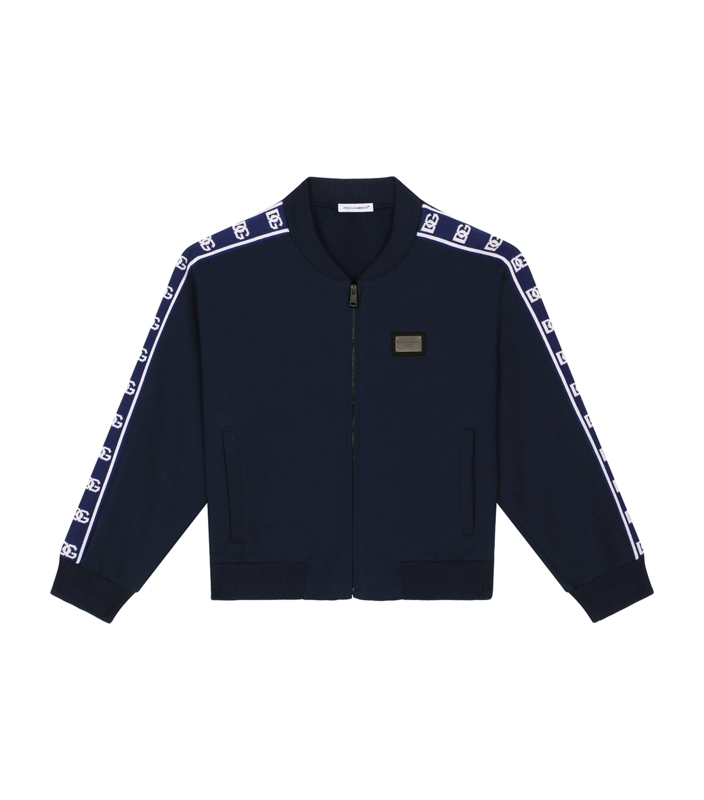 Dolce & Gabbana Kids' Zip-up Jersey Sweatshirt With Logo Side Bands In Blue