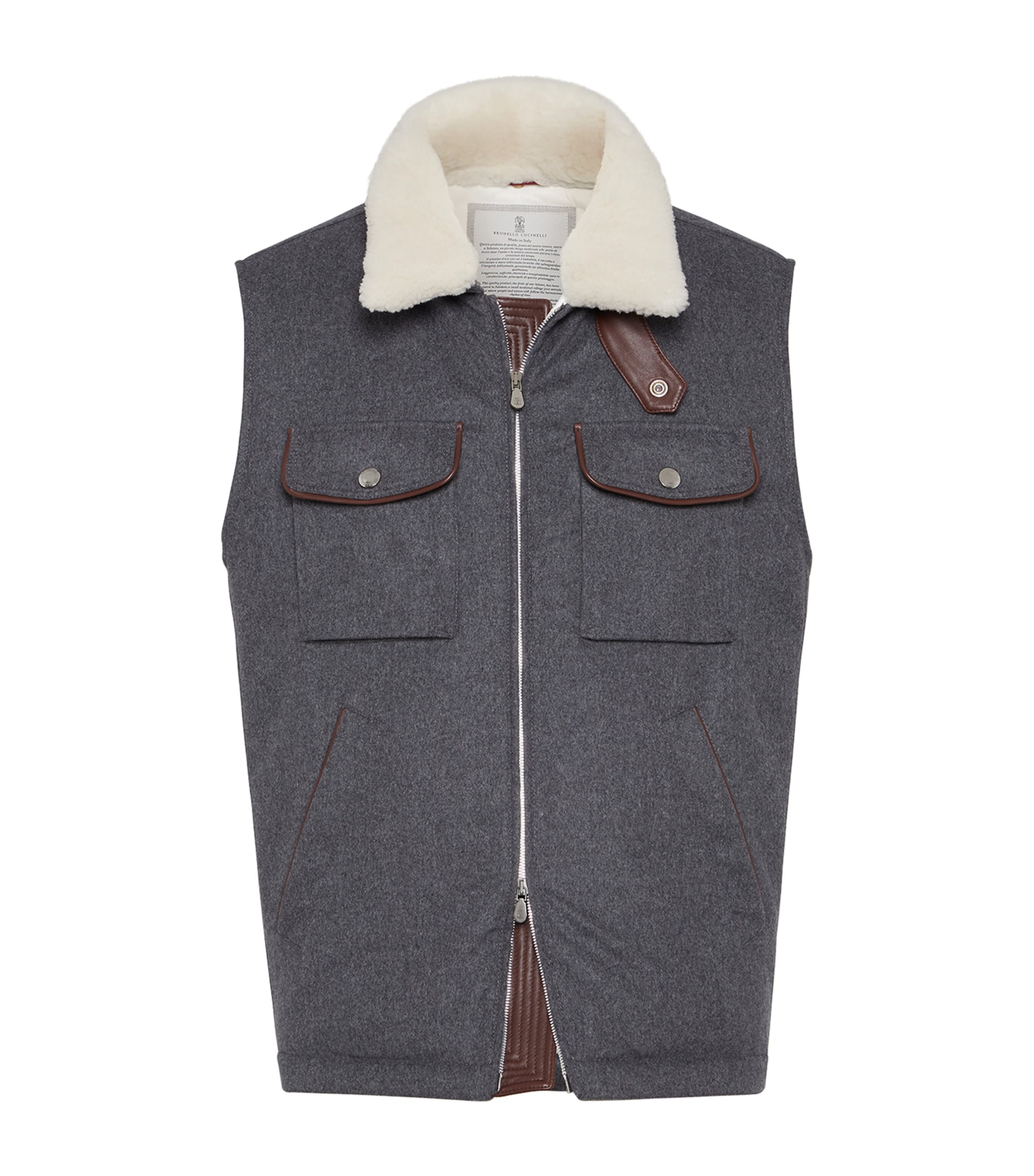 Brunello Cucinelli Shearling-collar Wool Vest In Gray