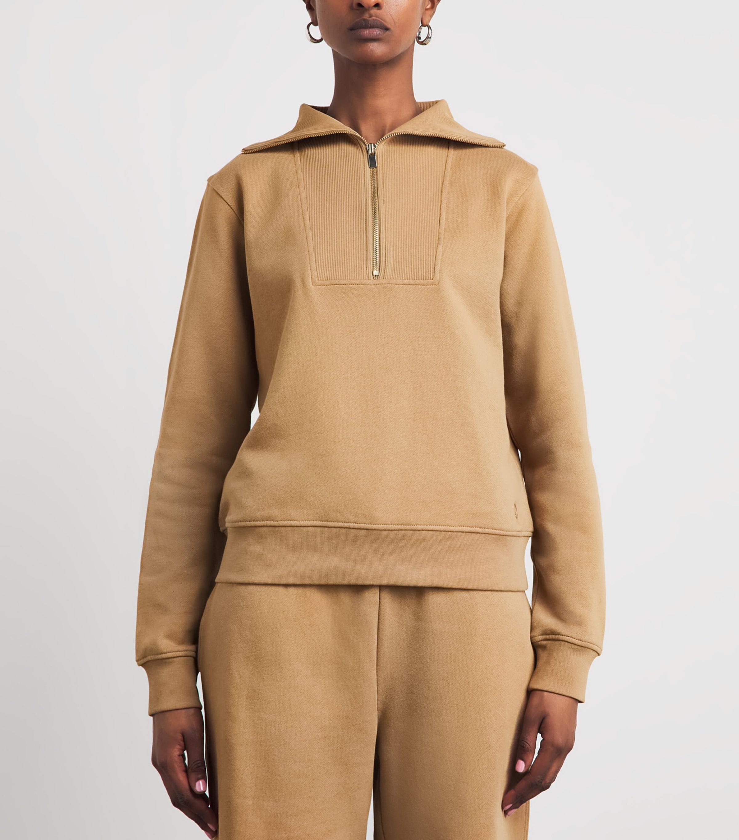 Harrods Womens Cotton Zip-Up Funnel-Neck Sweater Camel Image 4