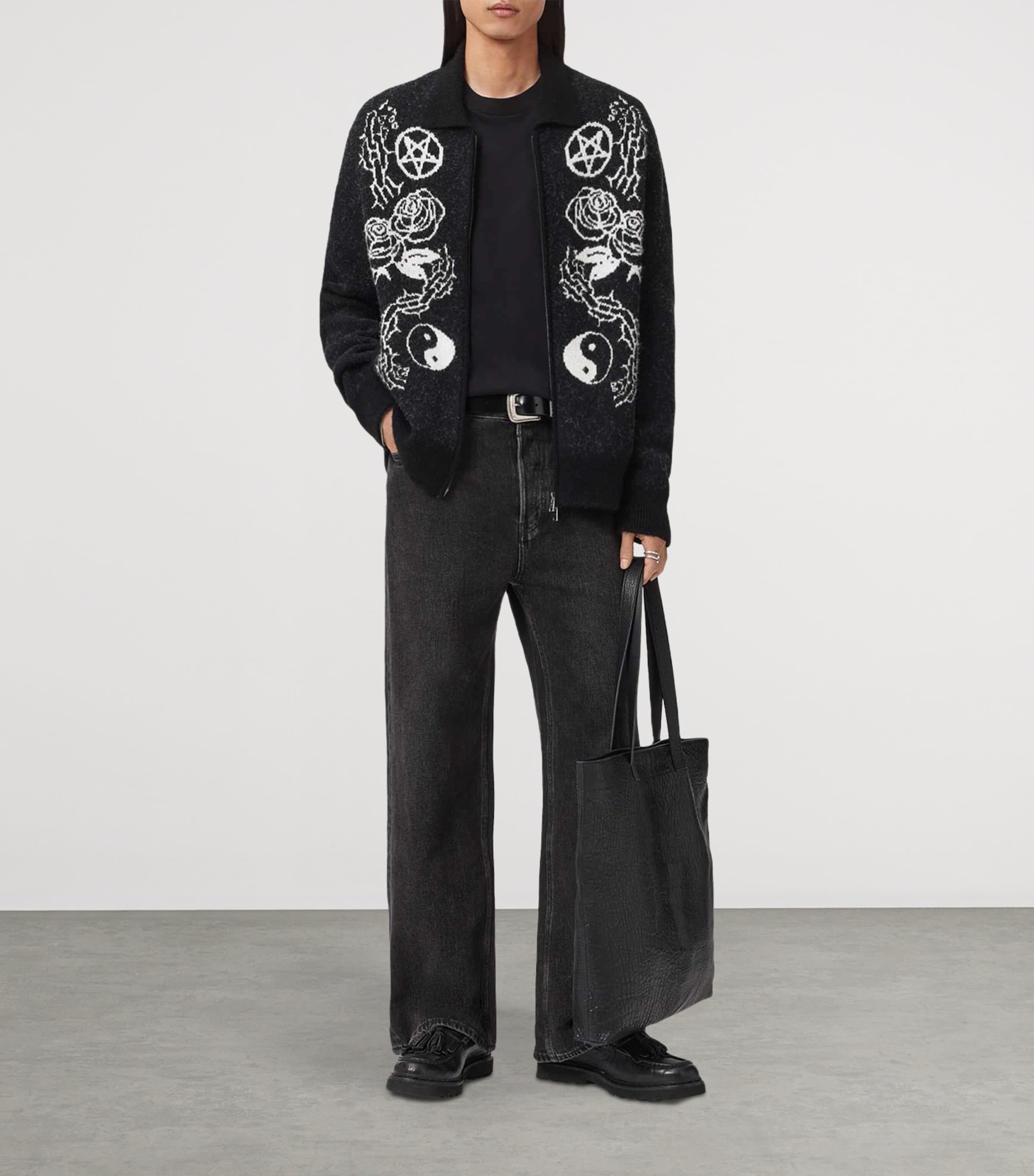 Cotton-Blend Warner Cardigan CINDER BLACK/WHITE Image 3