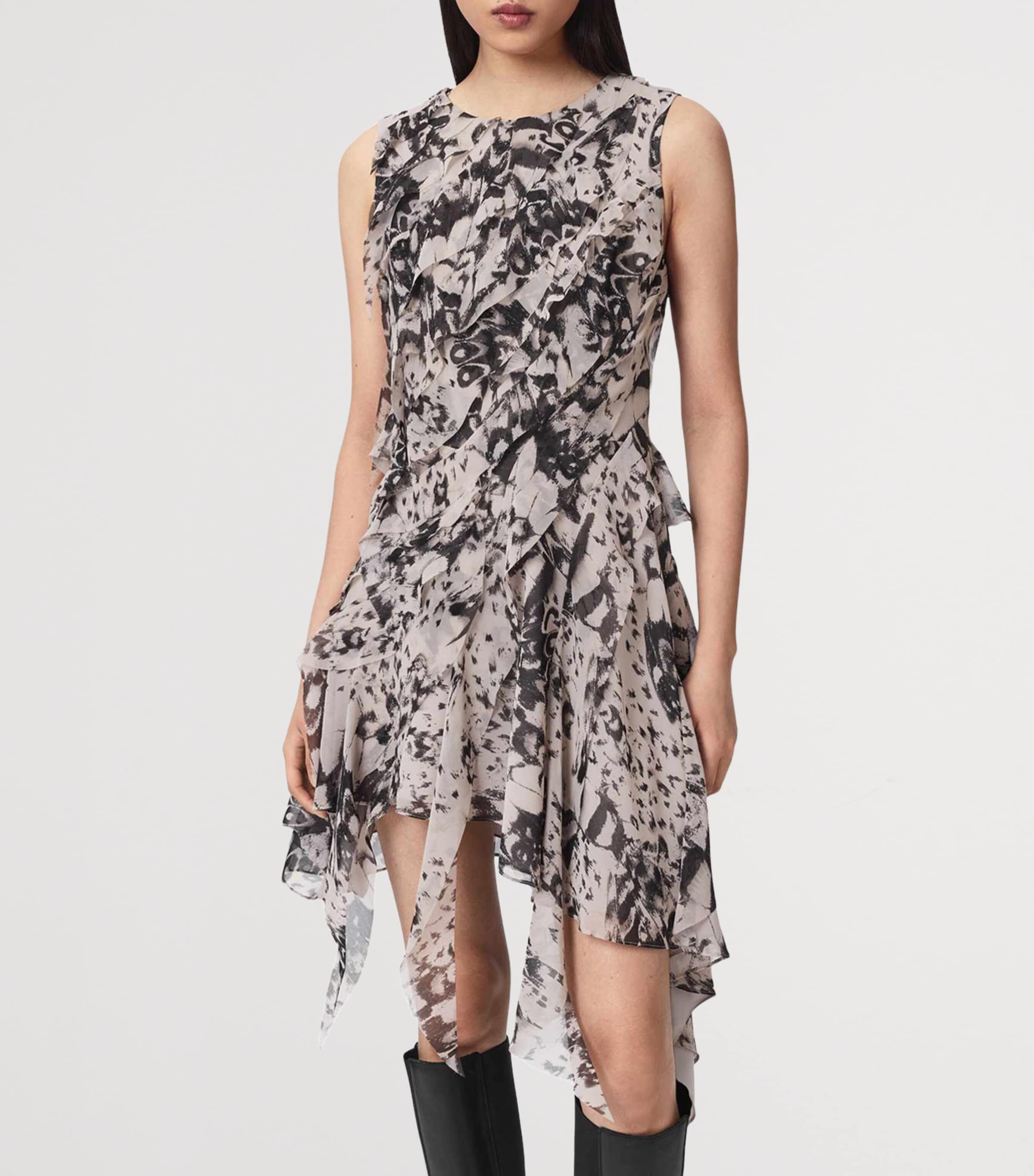 AllSaints Womens Ruffled Asymmetric Angie Midi Dress Wing Chalk White Image 3