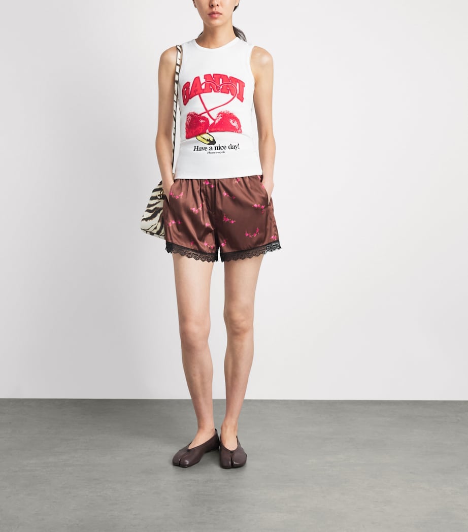 GANNI Womens Satin Floral Lace-Trimmed Shorts Tiramisu Image 2