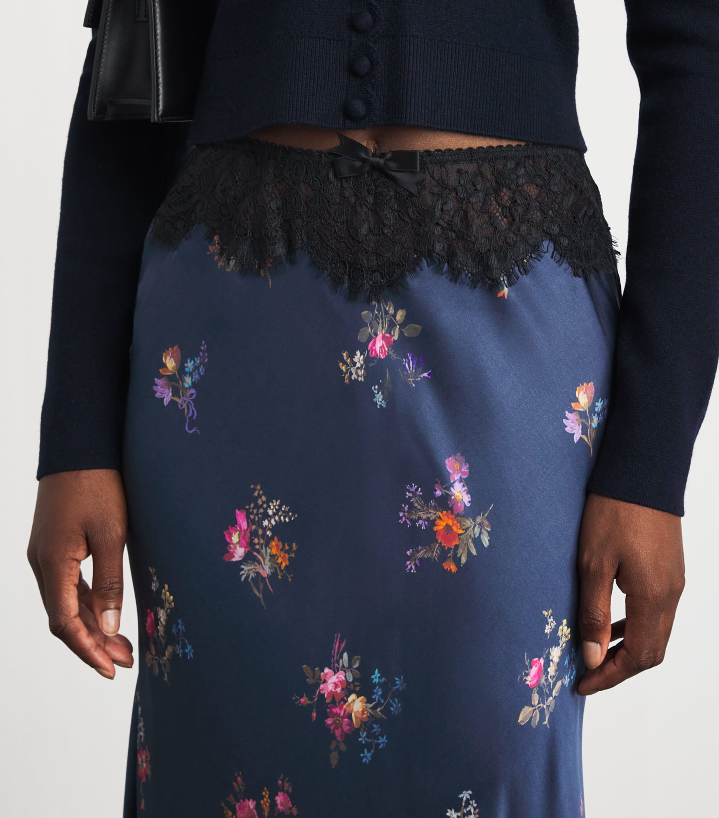 Self-Portrait Womens Satin Floral Print Maxi Skirt Navy Image 3