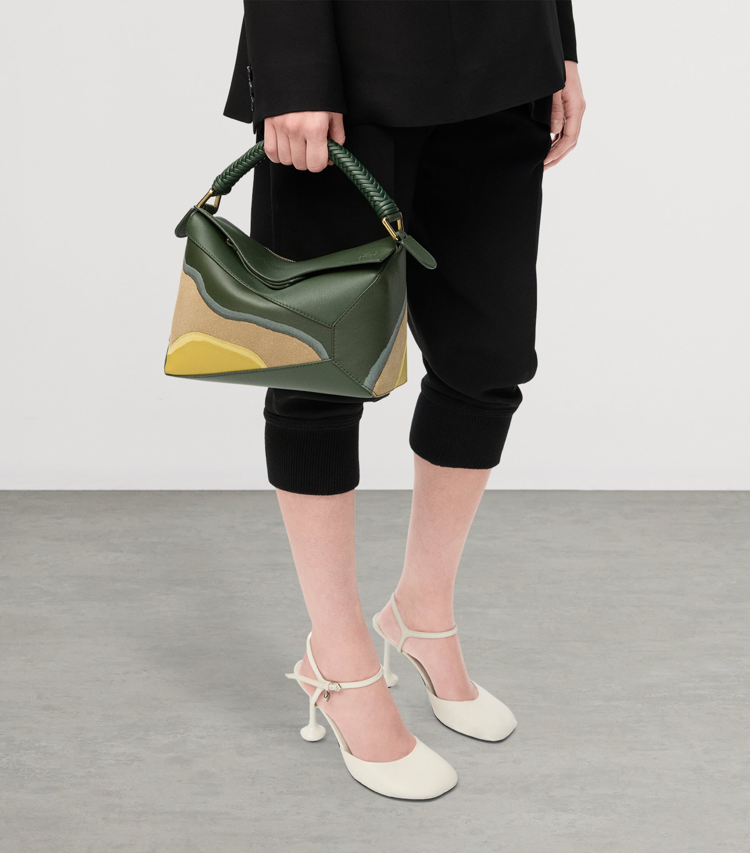 Small Leather Puzzle Edge Landscape Top-Handle Bag BOTTLE GREEN OCHRE Image 8