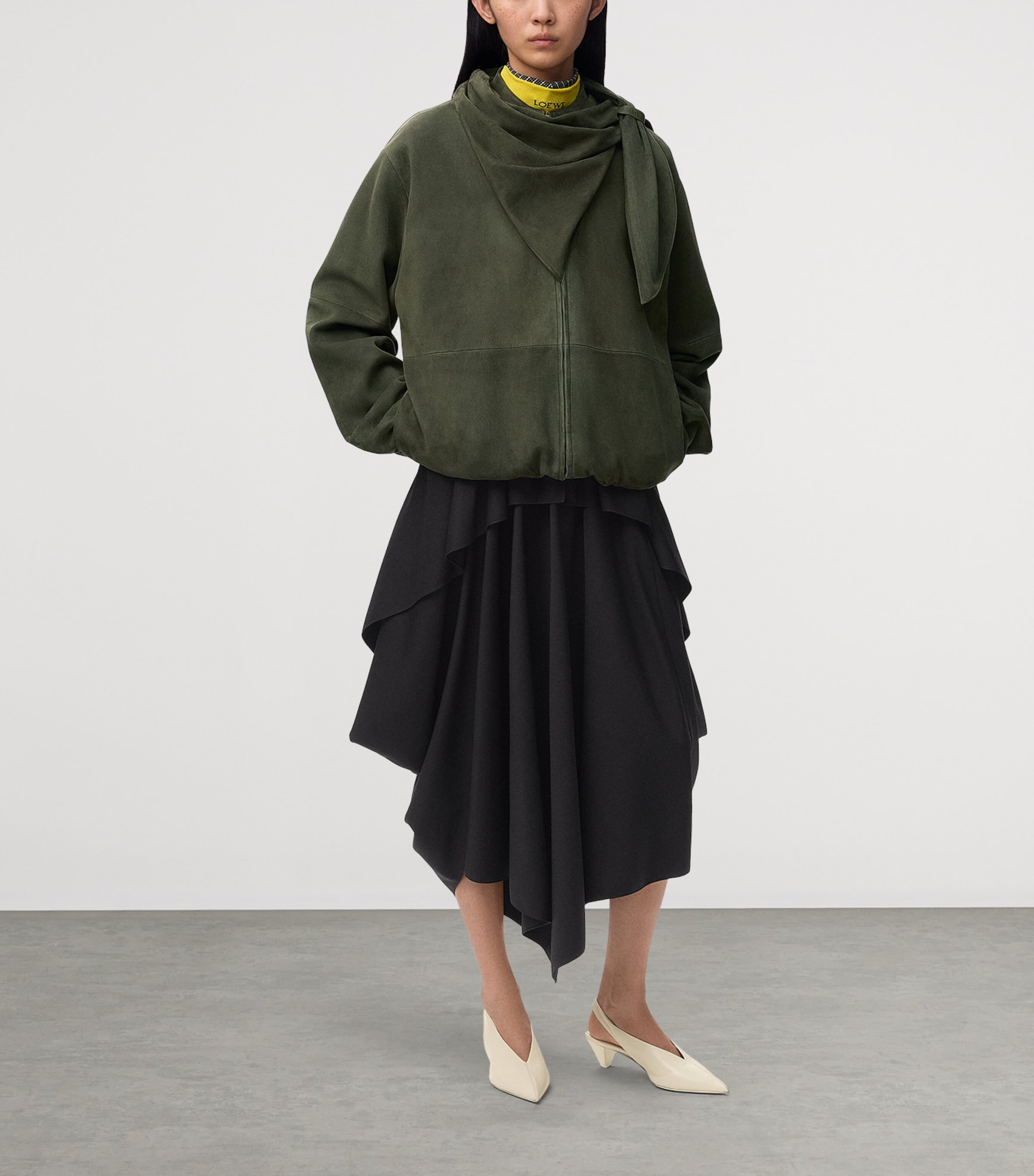 LOEWE Womens Suede Scarf-Detail Jacket Khaki Green Image 2