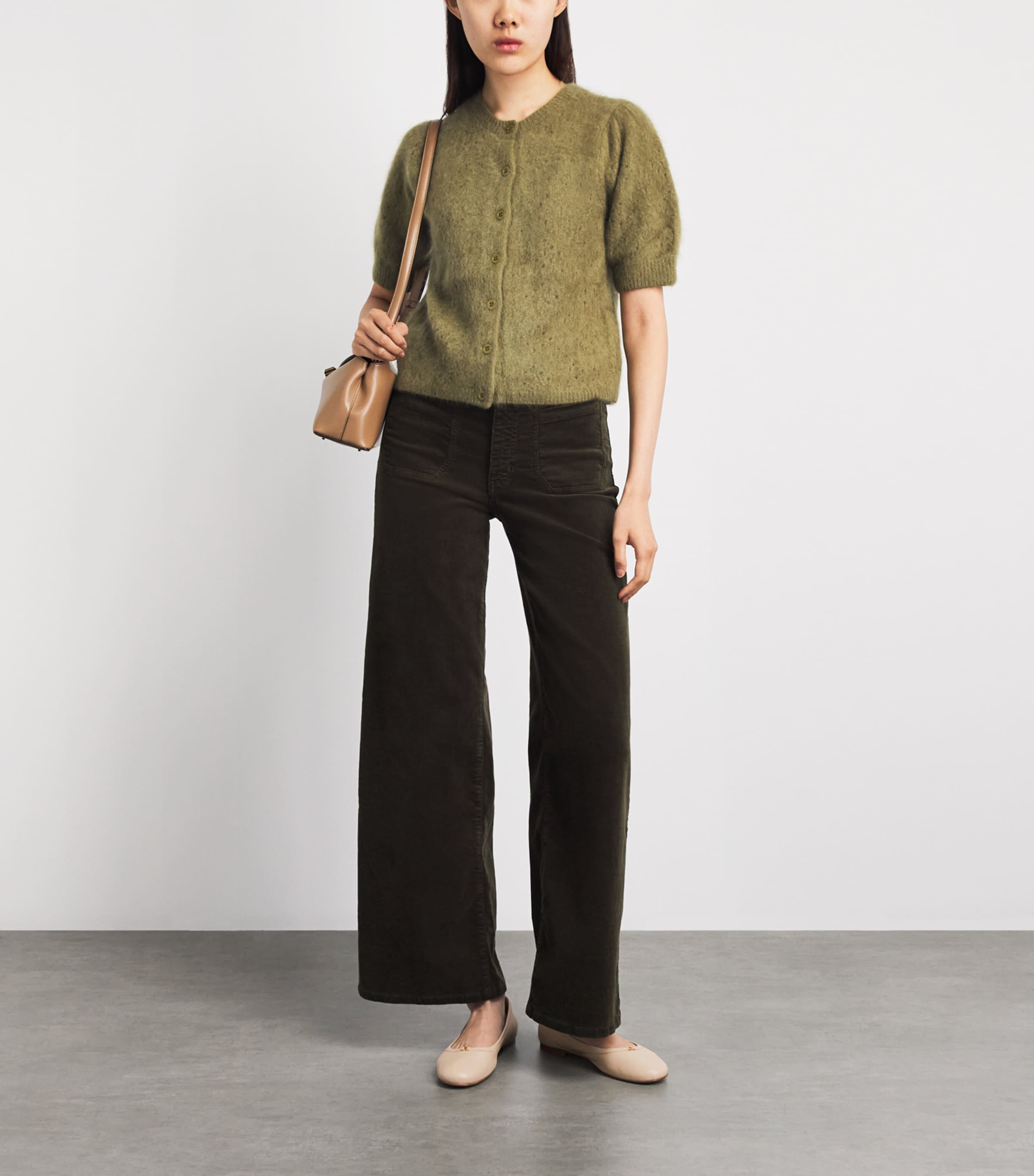 FRAME Womens Cashmere Short-Sleeve Cardigan Deep Olive Image 2