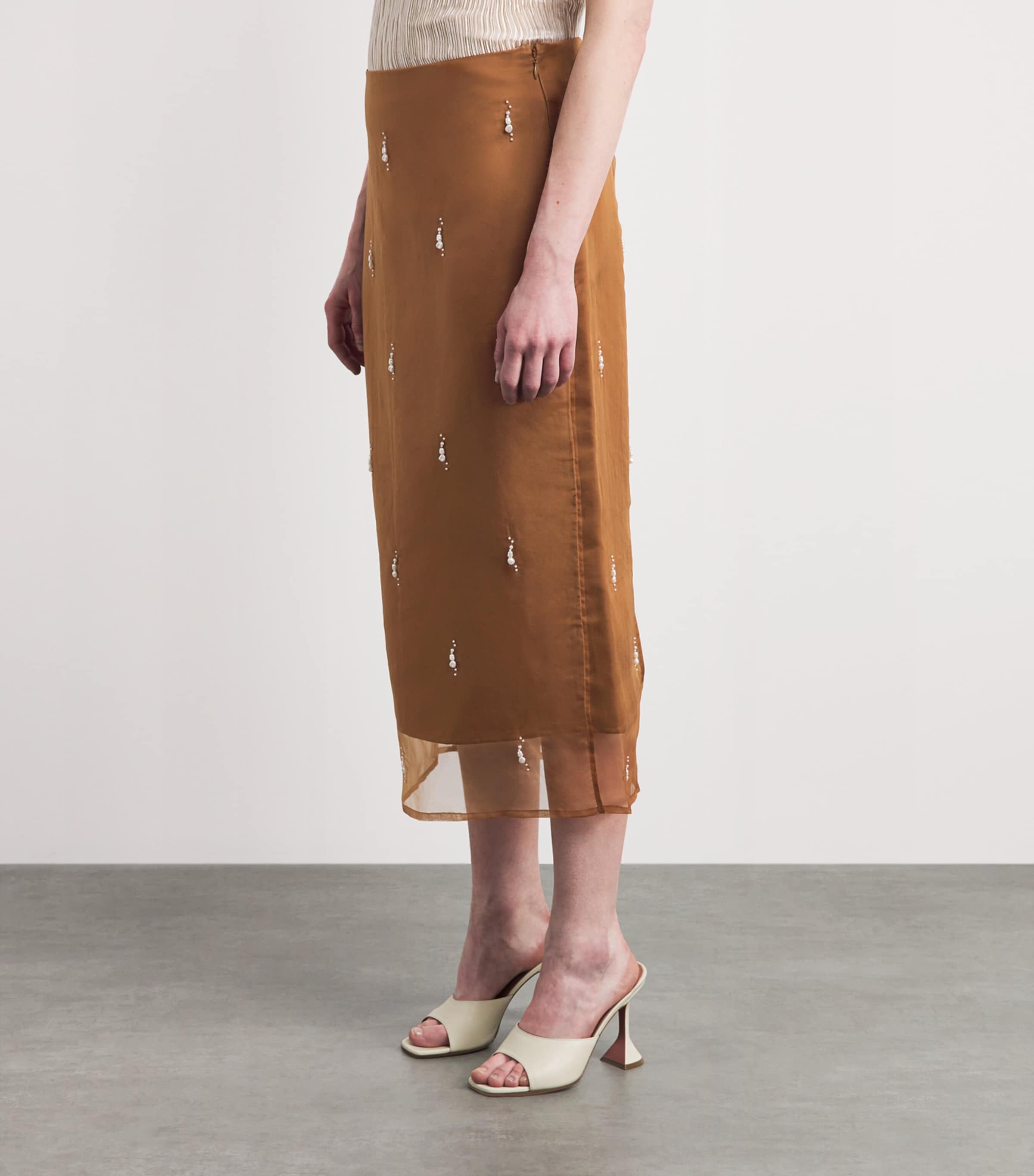 Róhe Womens Organza Pearl-Embellished Midi Skirt Cognac Image 4