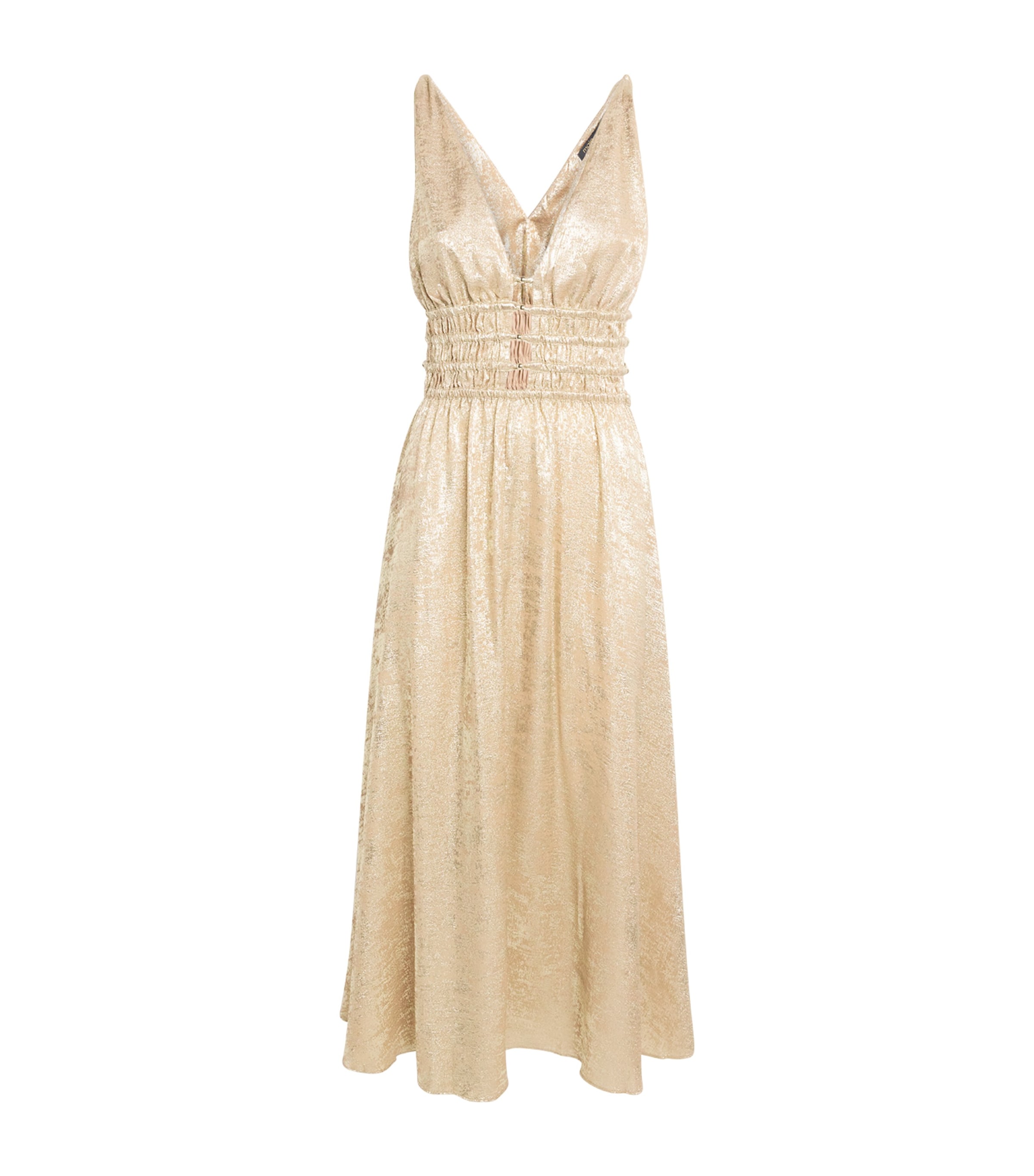 Maje Lamé Shirred Midi Dress In Gold