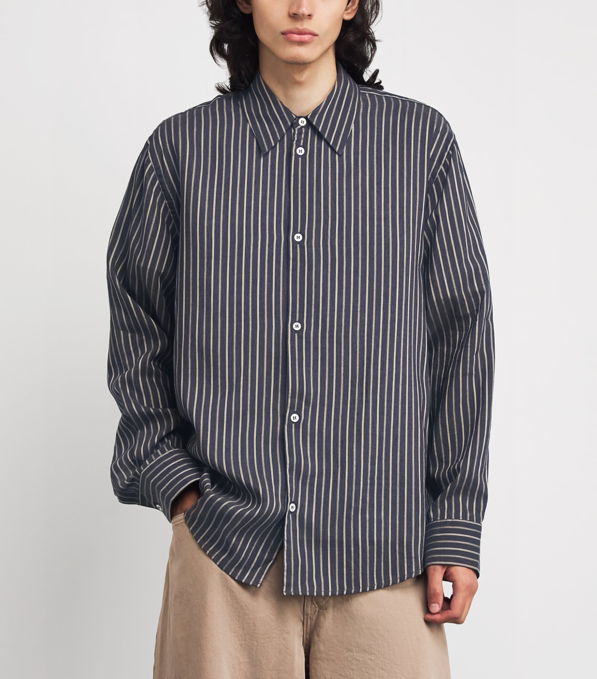 Cotton Stripe Oversized Shirt INDIGO Image 3