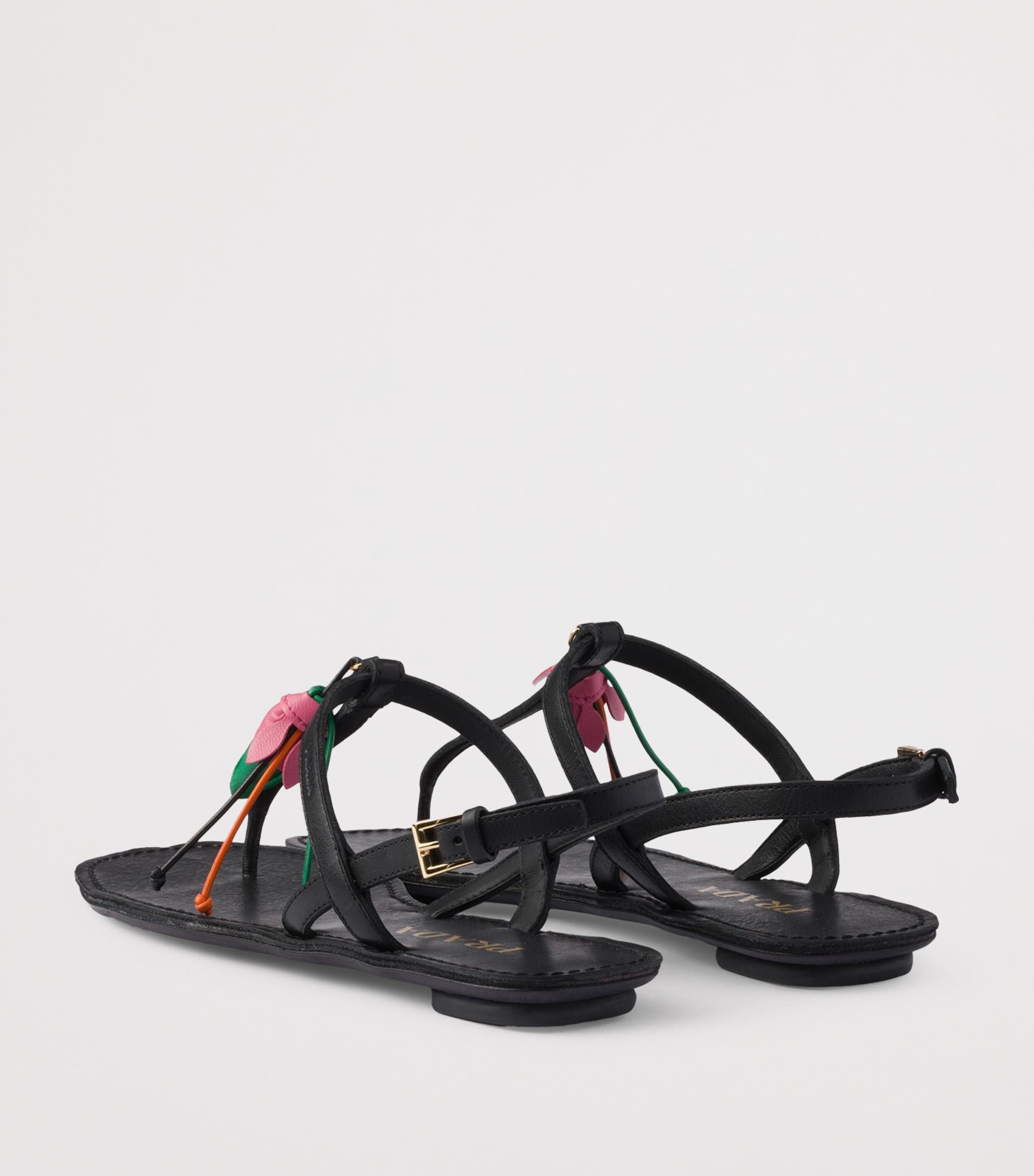 Prada Antiqued Leather Floral Thong Sandals Black Image 4