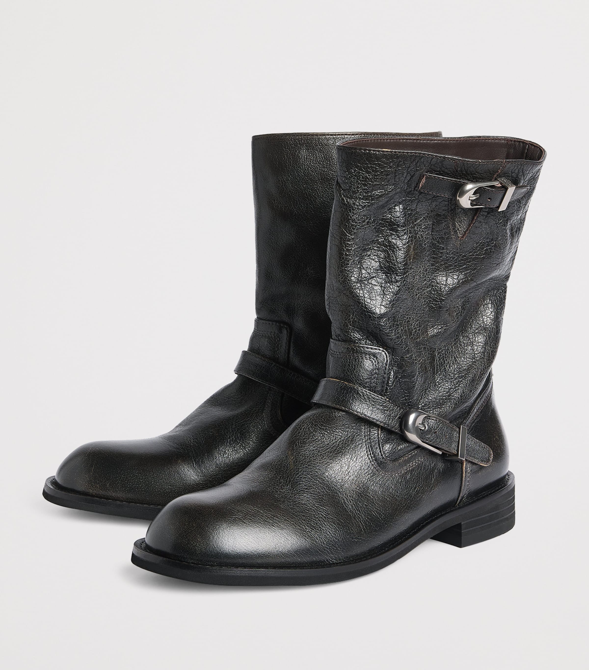 System Leather Buckle Ankle Boots Dark Brown Image 3