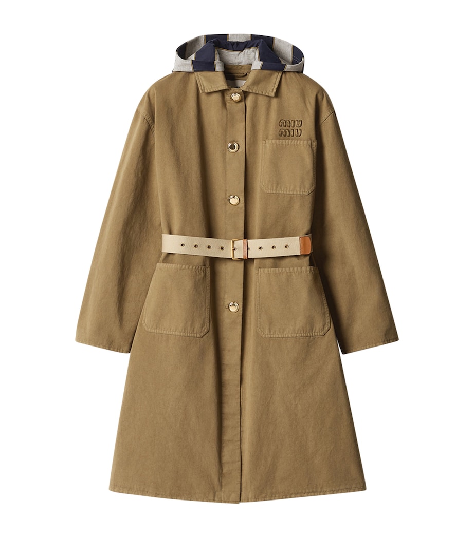 Miu Miu Womens Gabardine Hooded Trench Coat Neutral Image 1