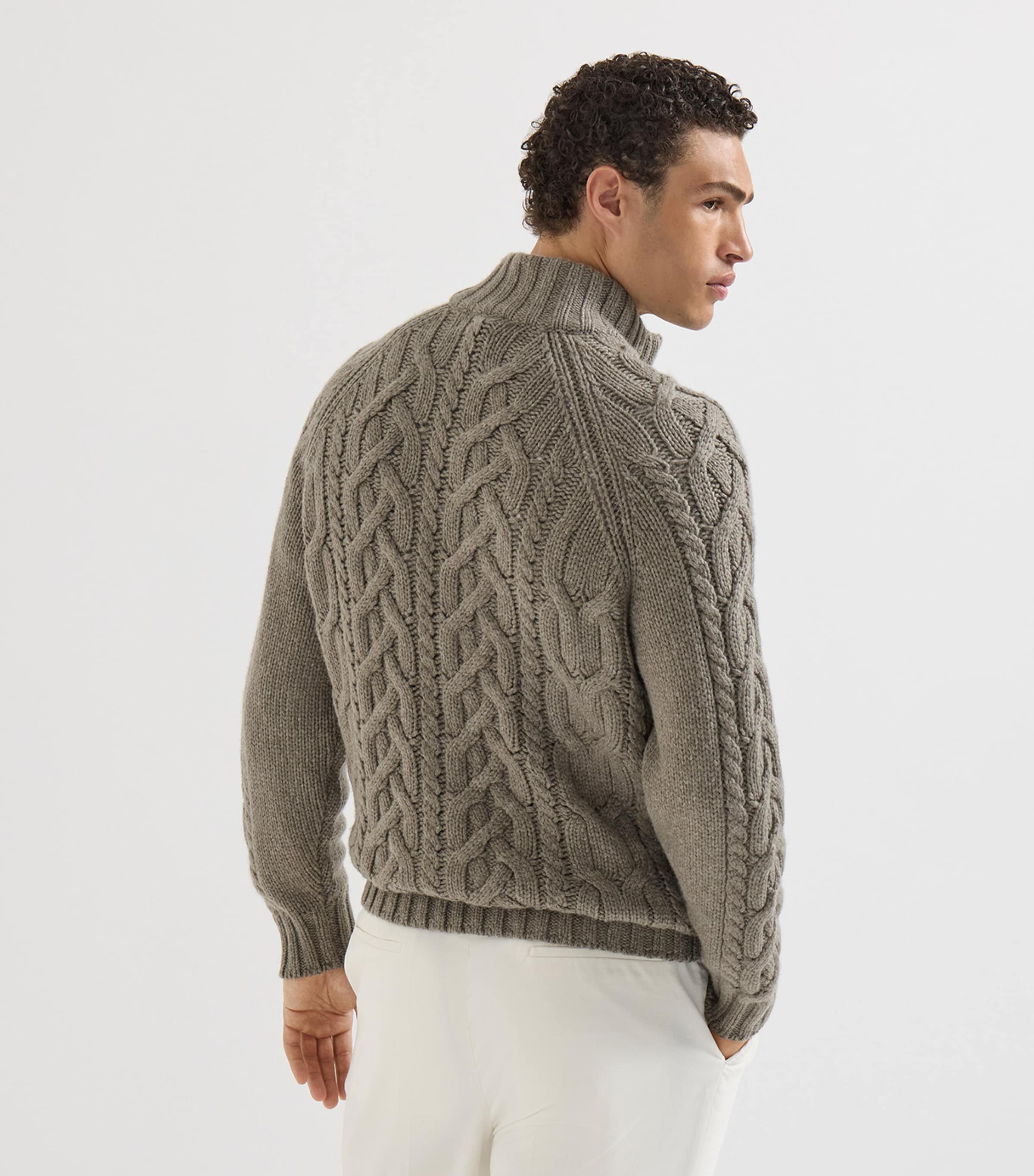 Brunello Cucinelli Mens Cashmere Cable-Knit Zip-Up Cardigan Army Washed Image 5