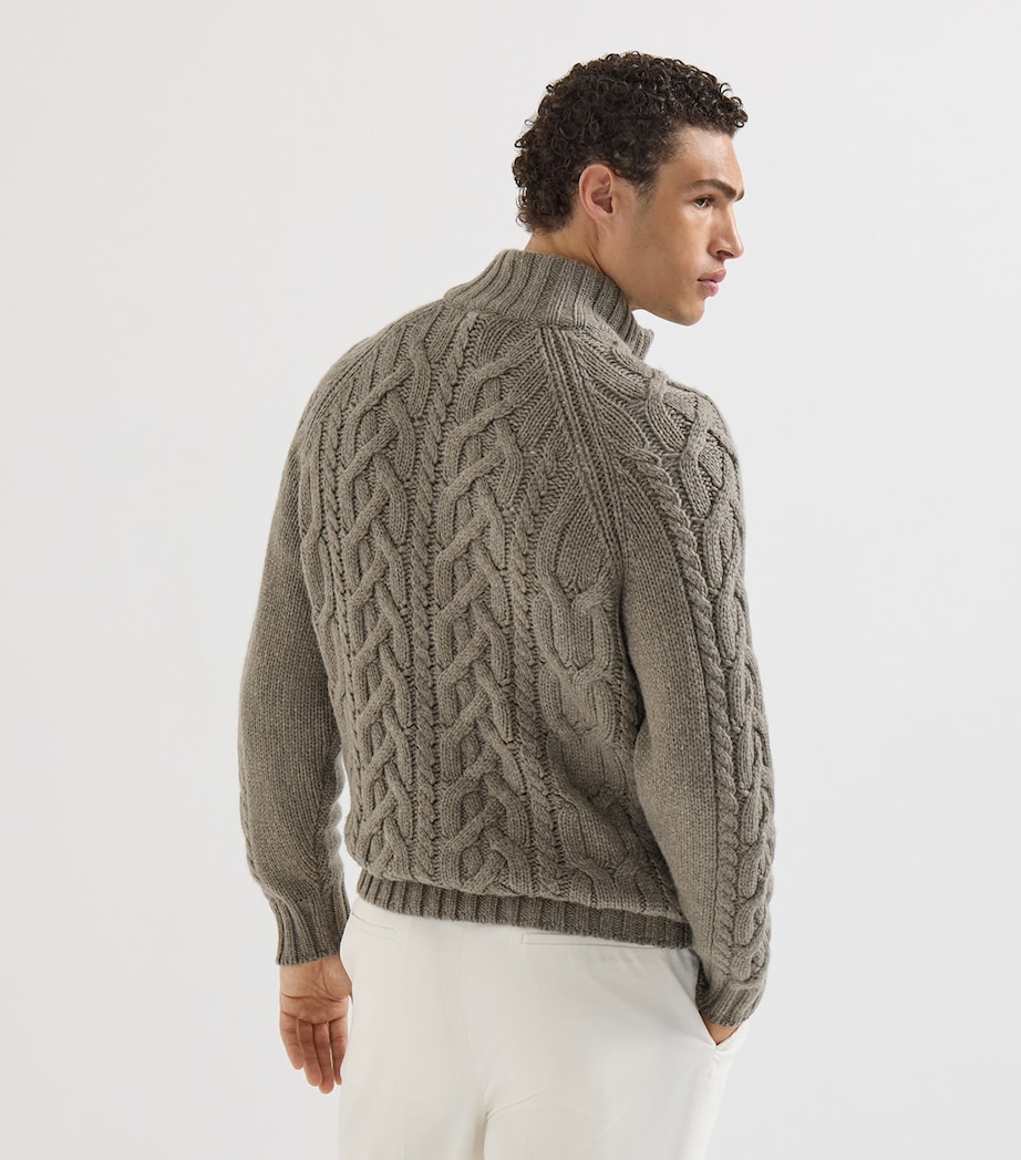 Brunello Cucinelli Mens Cashmere Cable-Knit Zip-Up Cardigan Army Washed Image 5