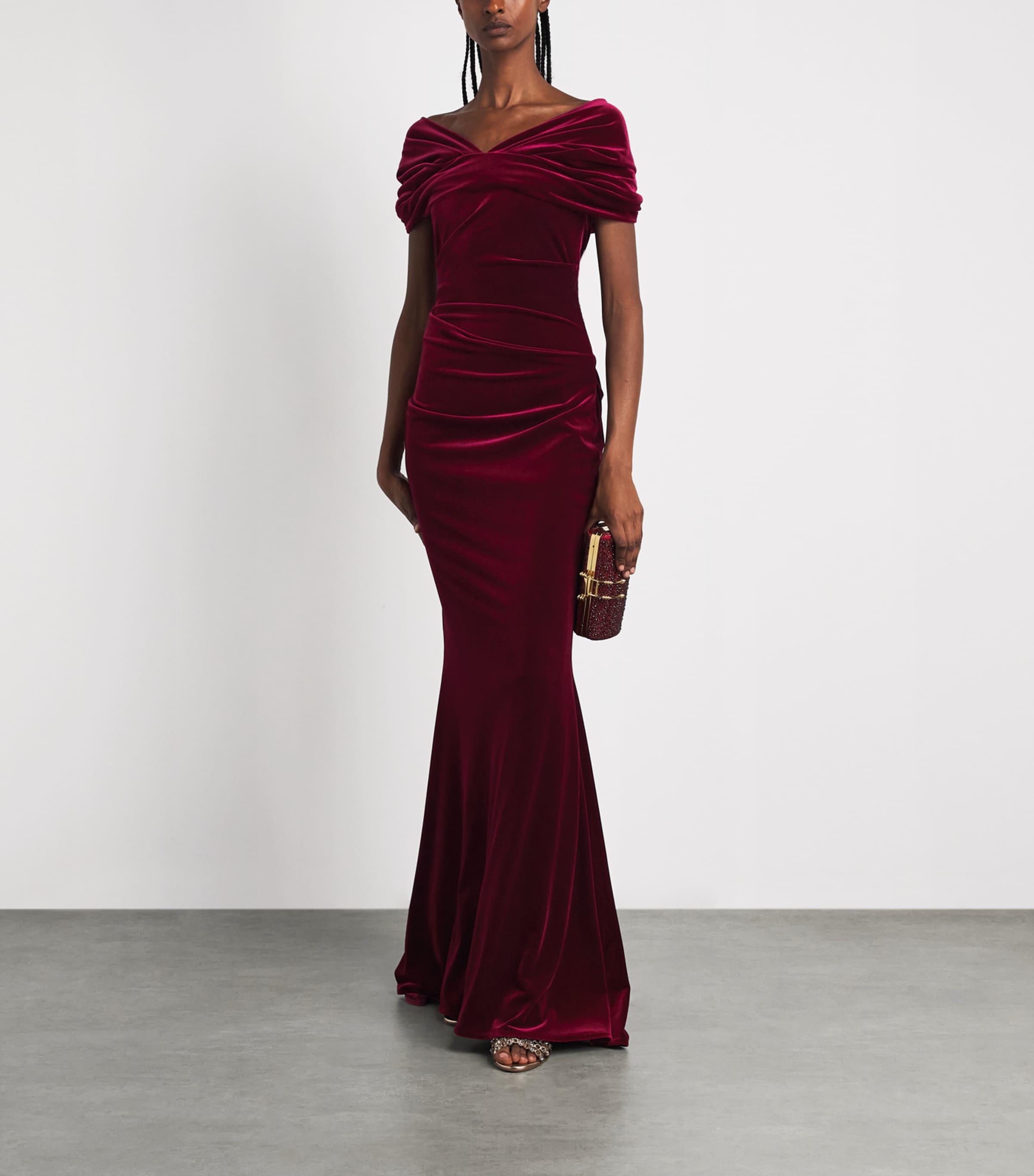 Talbot Runhof Womens Stretch-Velvet Ruched Gown Burgandy Image 2