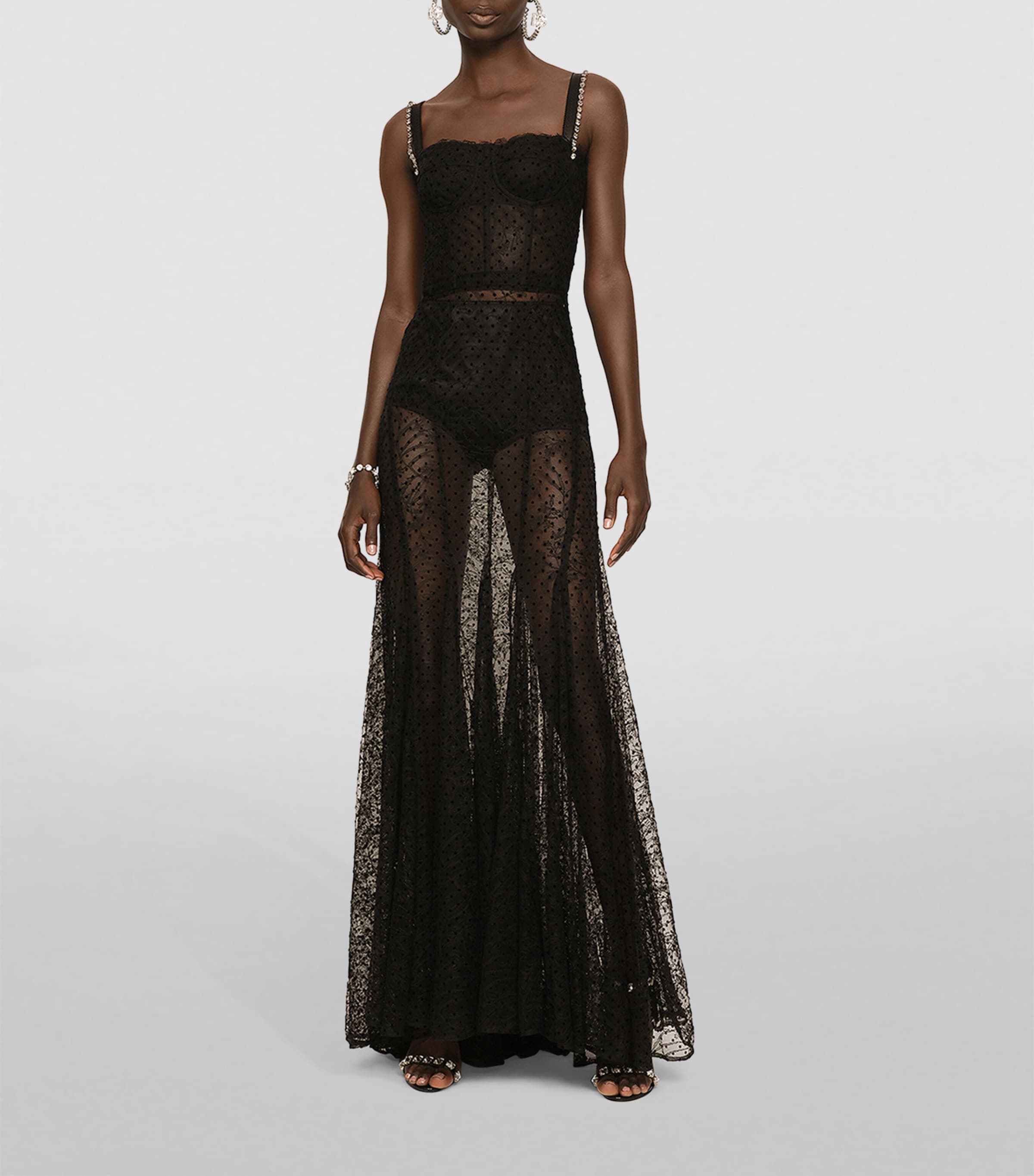 Dolce&Gabbana Womens Tulle Flocked Maxi Dress Black Image 3