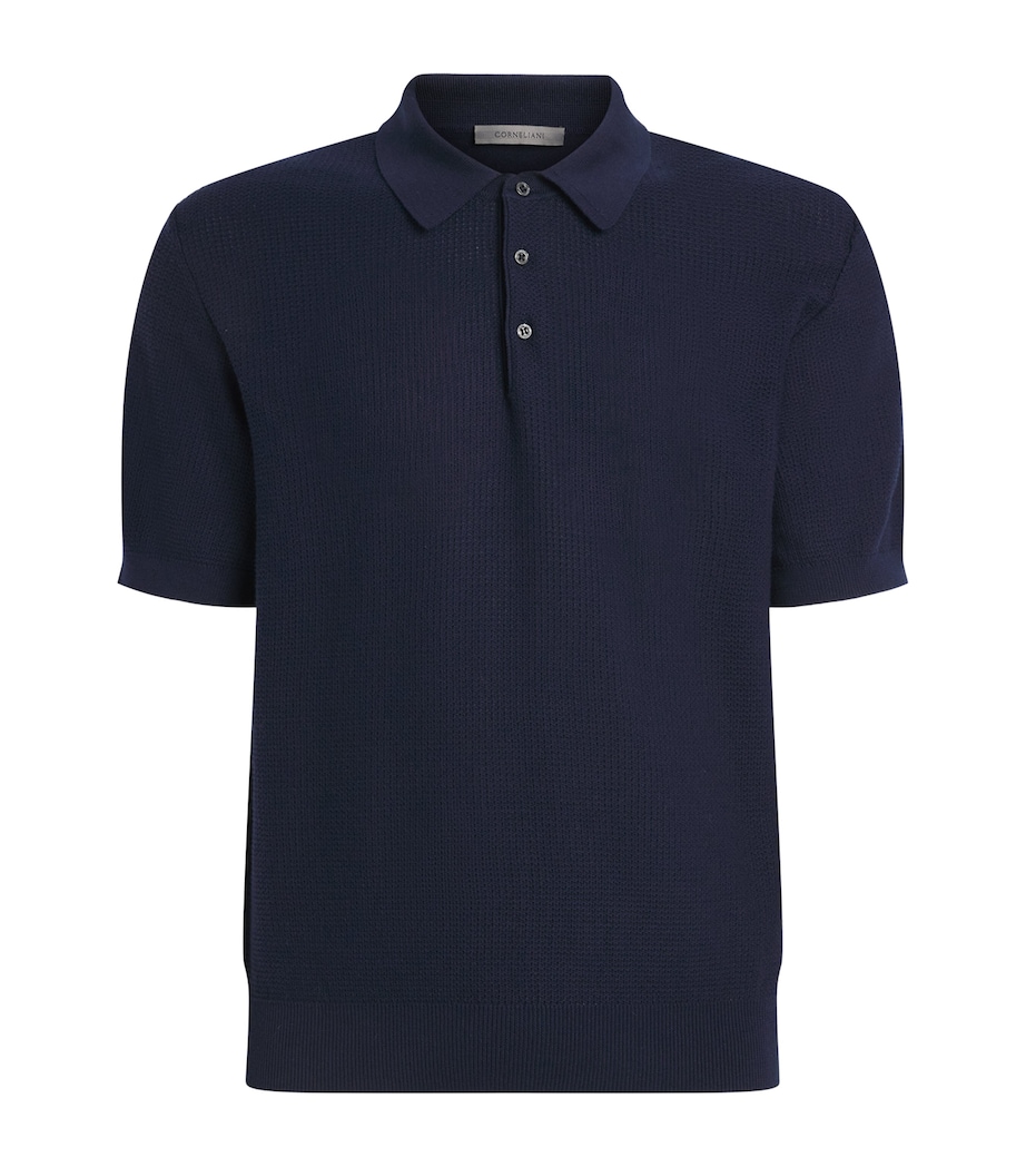 Corneliani Mens Pima Cotton Basketweave Polo Shirt Navy Blue Image 1