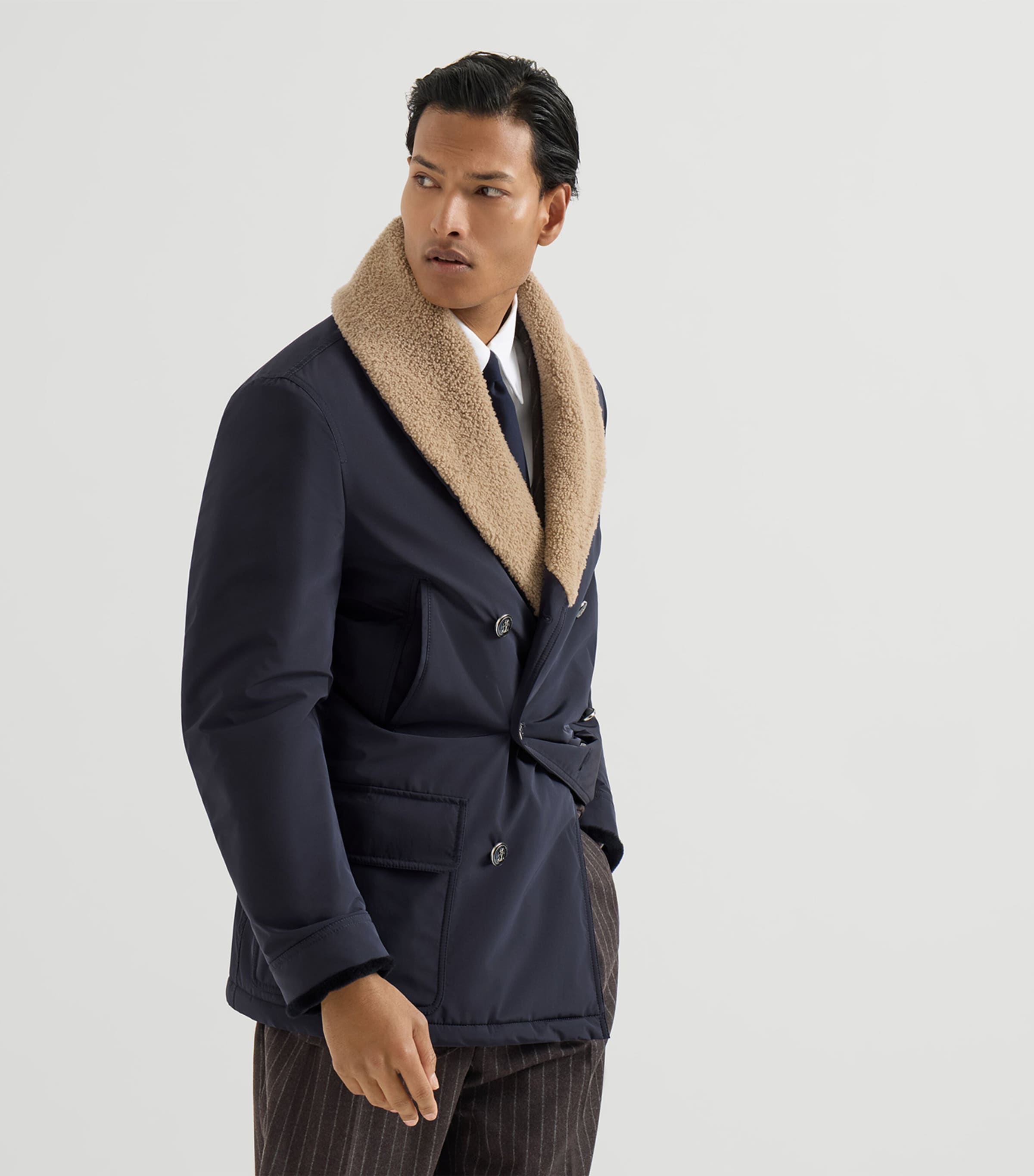 Brunello Cucinelli Mens Shearling-Trim Water-Resistant Overcoat Image 2