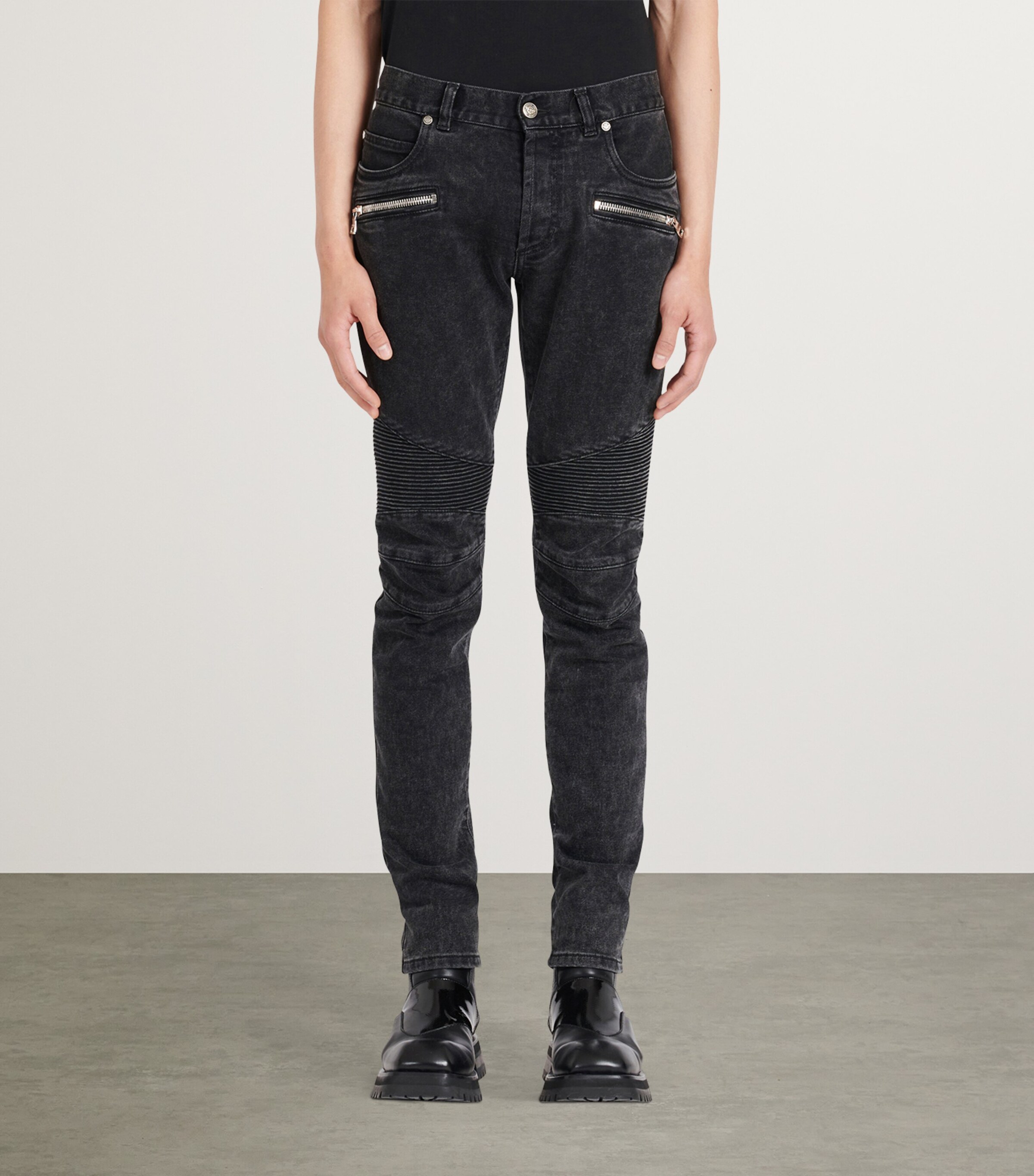 Balmain Mens Biker-Detail Skinny Jeans Noir D+lav+ Image 4