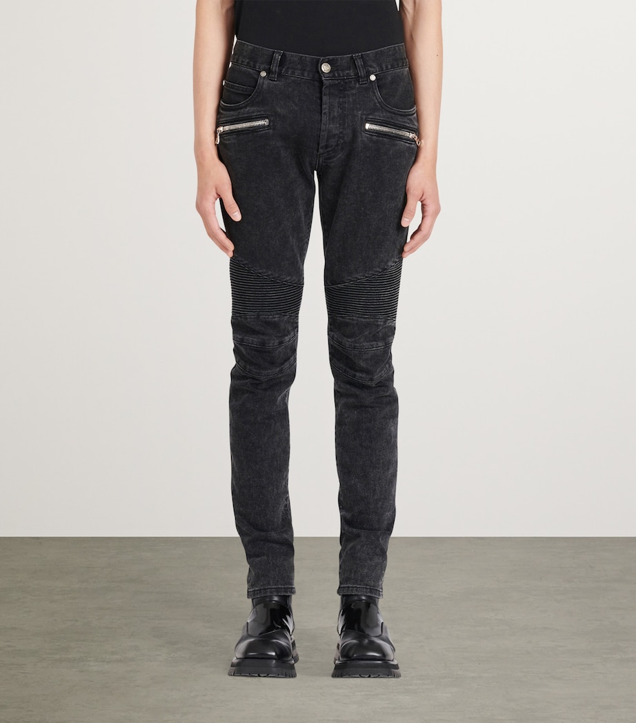 Balmain Mens Biker-Detail Skinny Jeans Noir D+lav+ Image 4