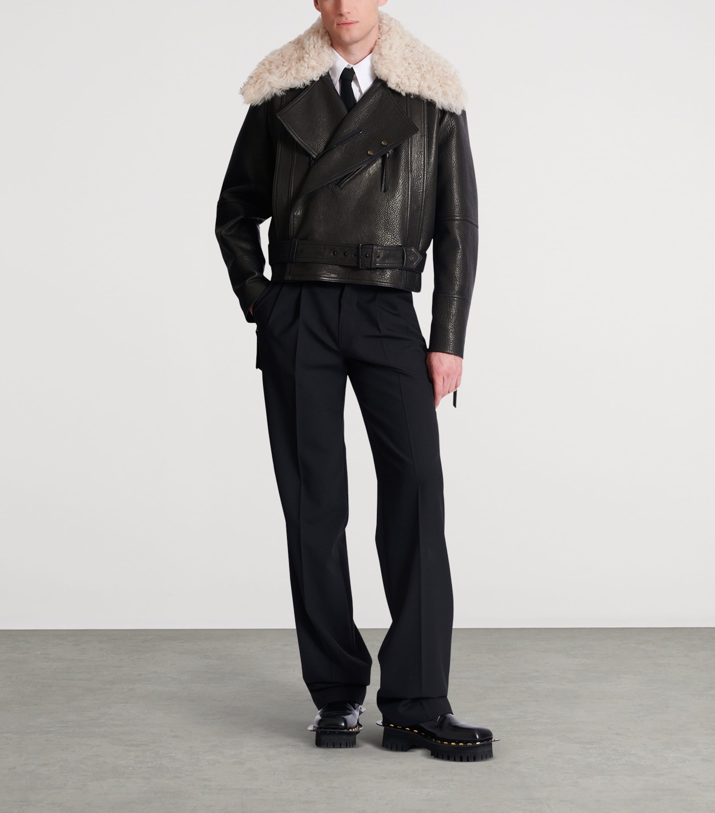 Fur-Trim Collar Leather Jacket ECJ NOIR/NATUREL Image 3