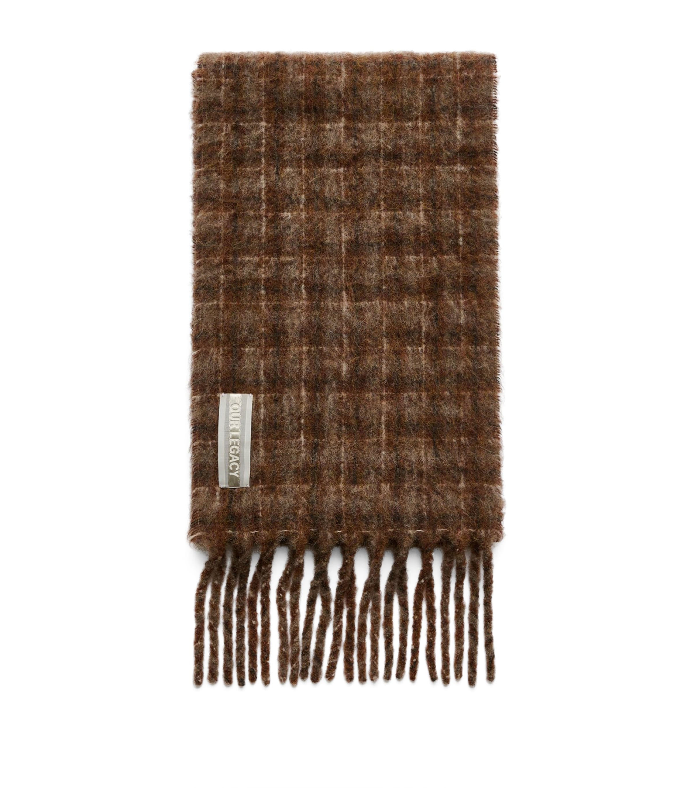 Our Legacy Textured Brown Checkered Scarf With Fringed Edge In Brown