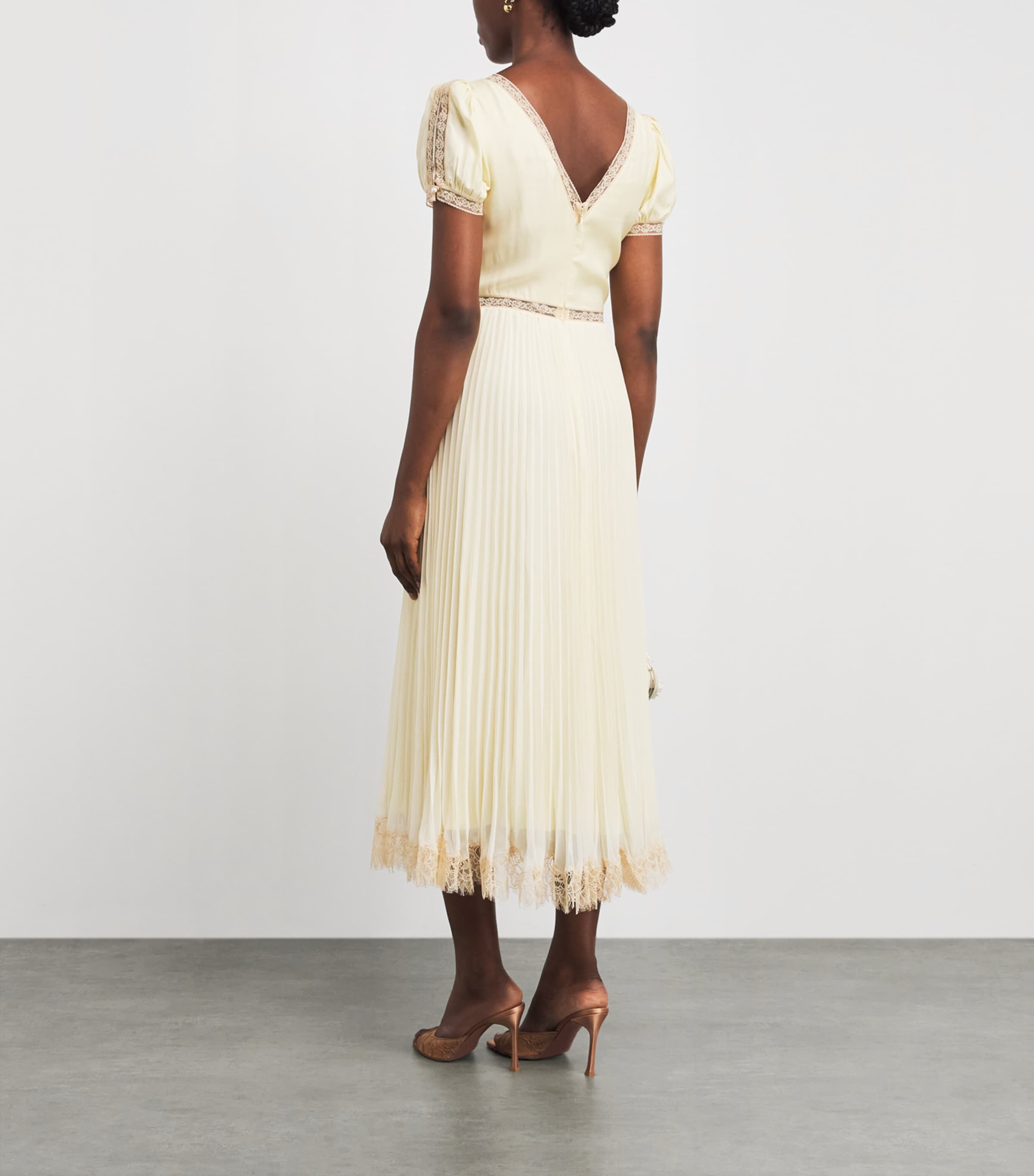 Self-Portrait Womens Satin-Lace Pleated Midi Dress Yellow Image 4