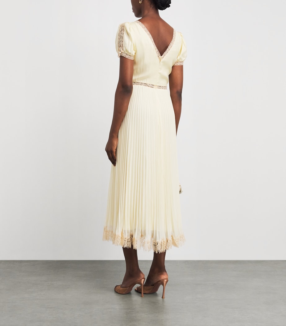 Self-Portrait Womens Satin-Lace Pleated Midi Dress Yellow Image 4