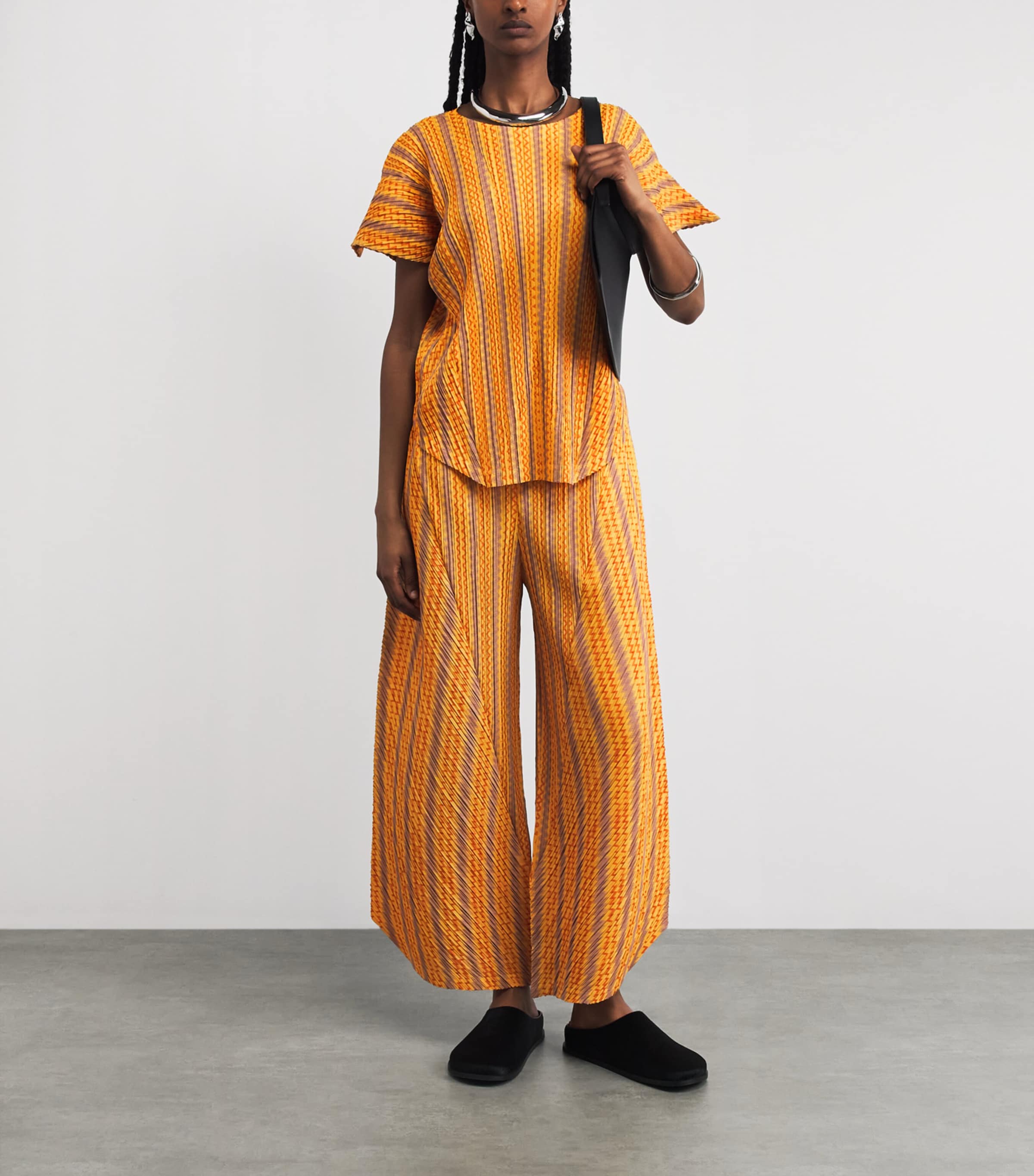 Pleats Please Issey Miyake Womens Cotton-Blend Zigzag Trousers Yellow Orange Image 2