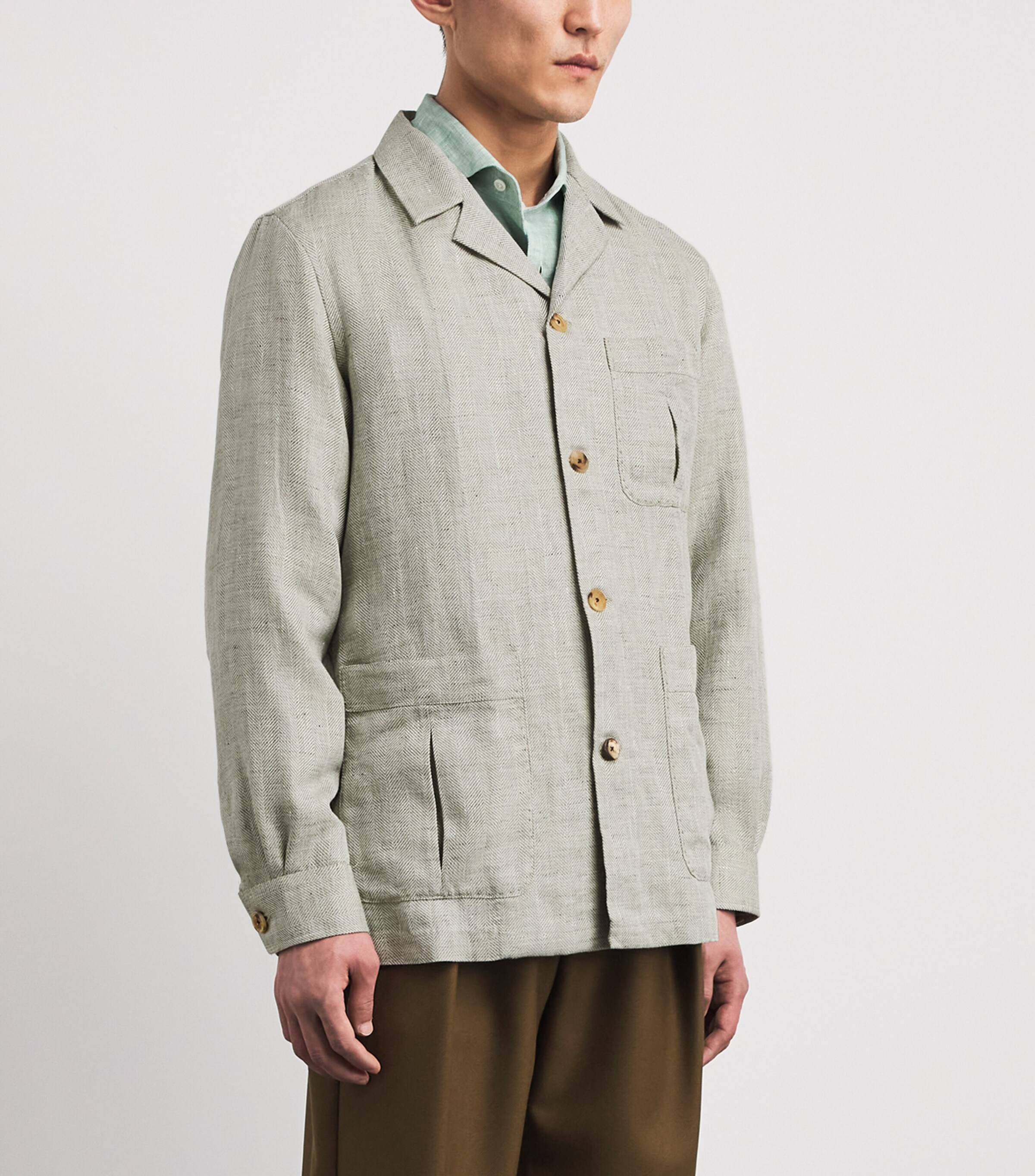 100HANDS Mens Linen-Wool Herringbone Overshirt Spring Green Image 4