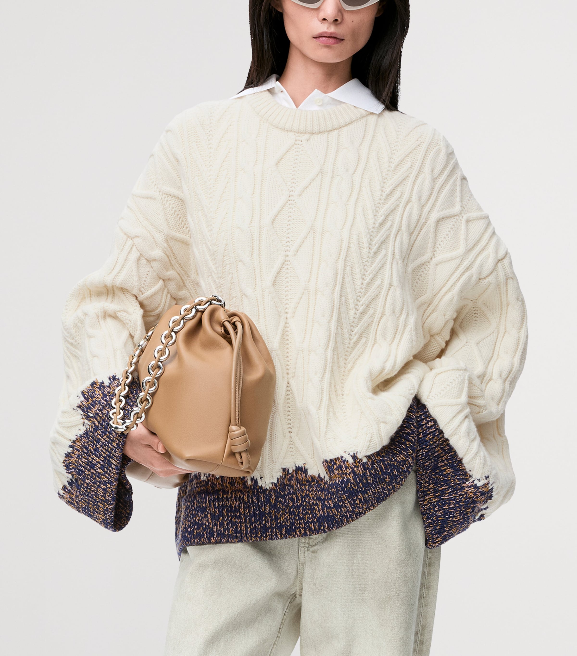 Wool Cable-Knit Contrast Sweater ECRU/BROWN Image 3