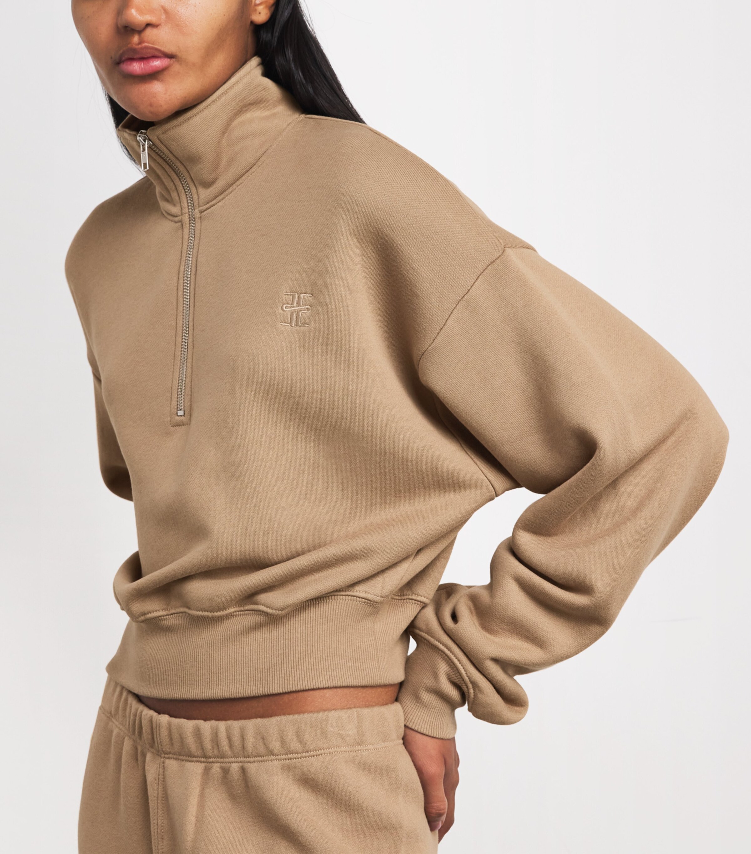 Cotton-Blend Half-Zip Cropped Sweatshirt TAUPE TPE Image 6