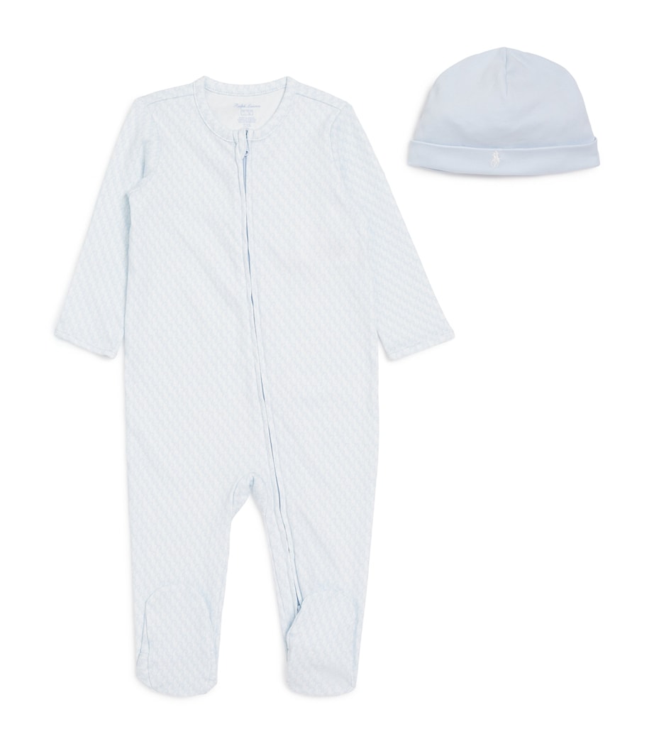 Cotton Polo Pony Hat and All-In-One Set (3-9 Months) BLUE Image 1