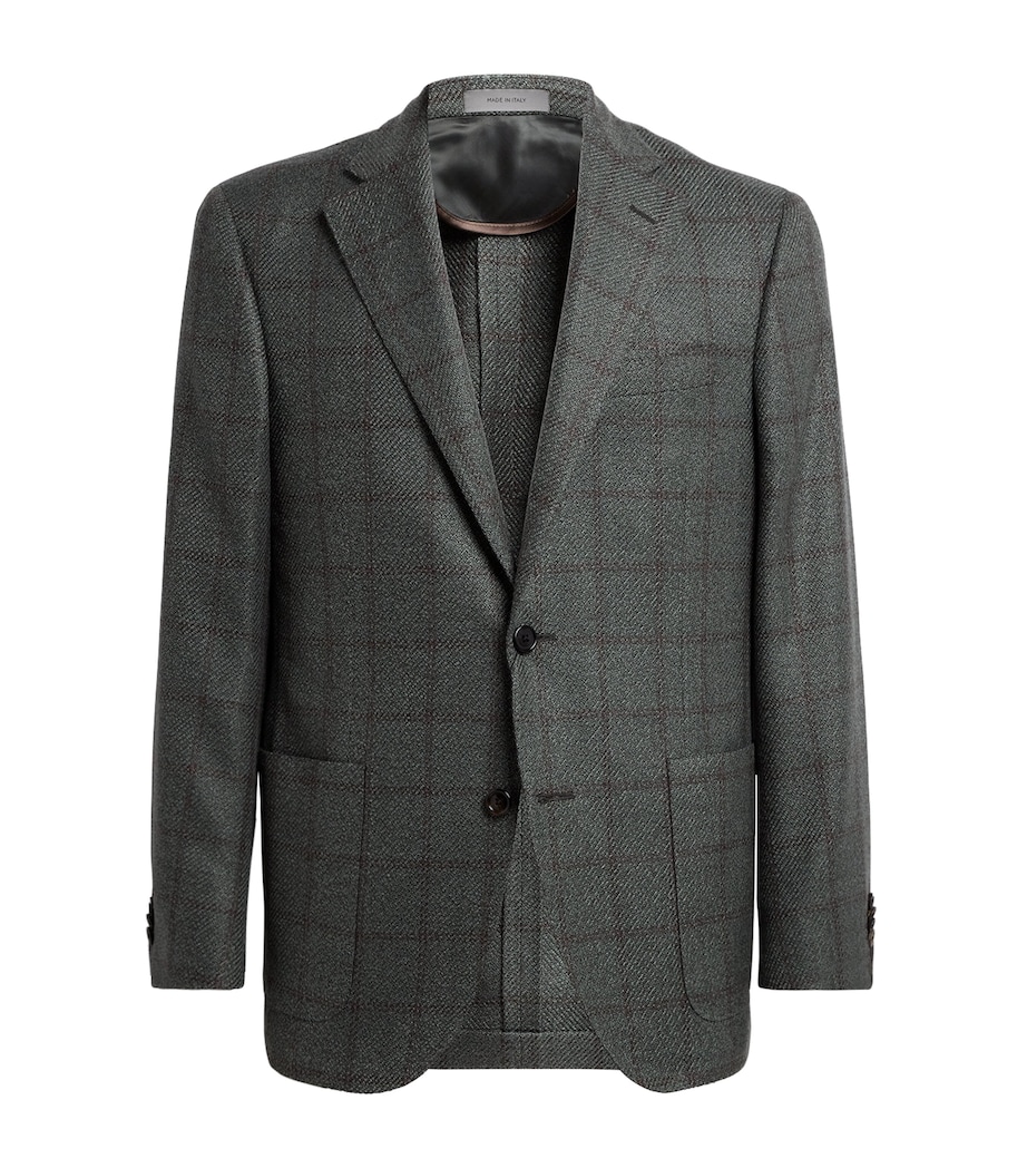 Corneliani Mens Virgin Wool-Silk-Cashmere Check Blazer Green Coloured Image 1