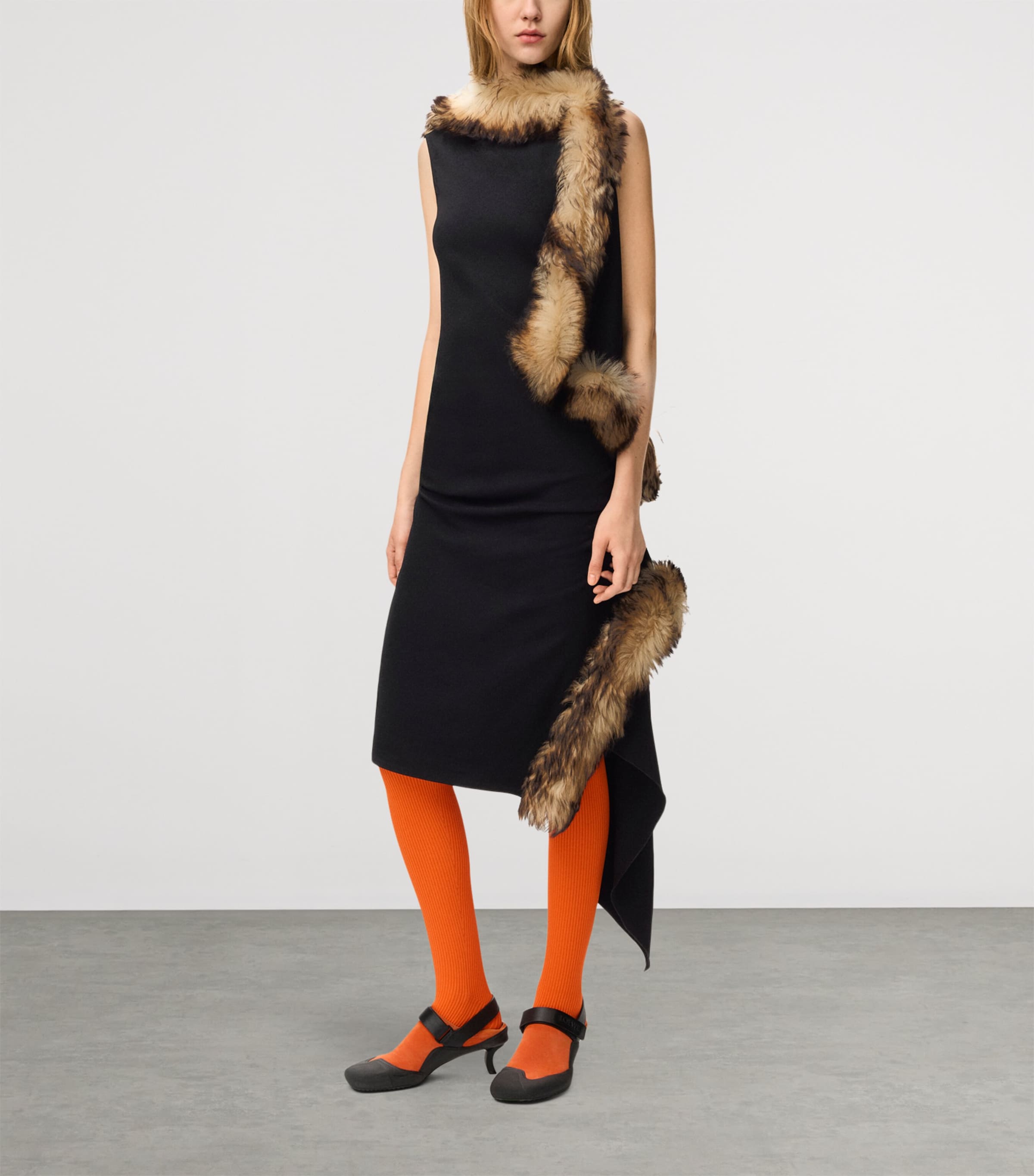 LOEWE Womens Shearling-Trim Draped Midi Dress Black Image 2