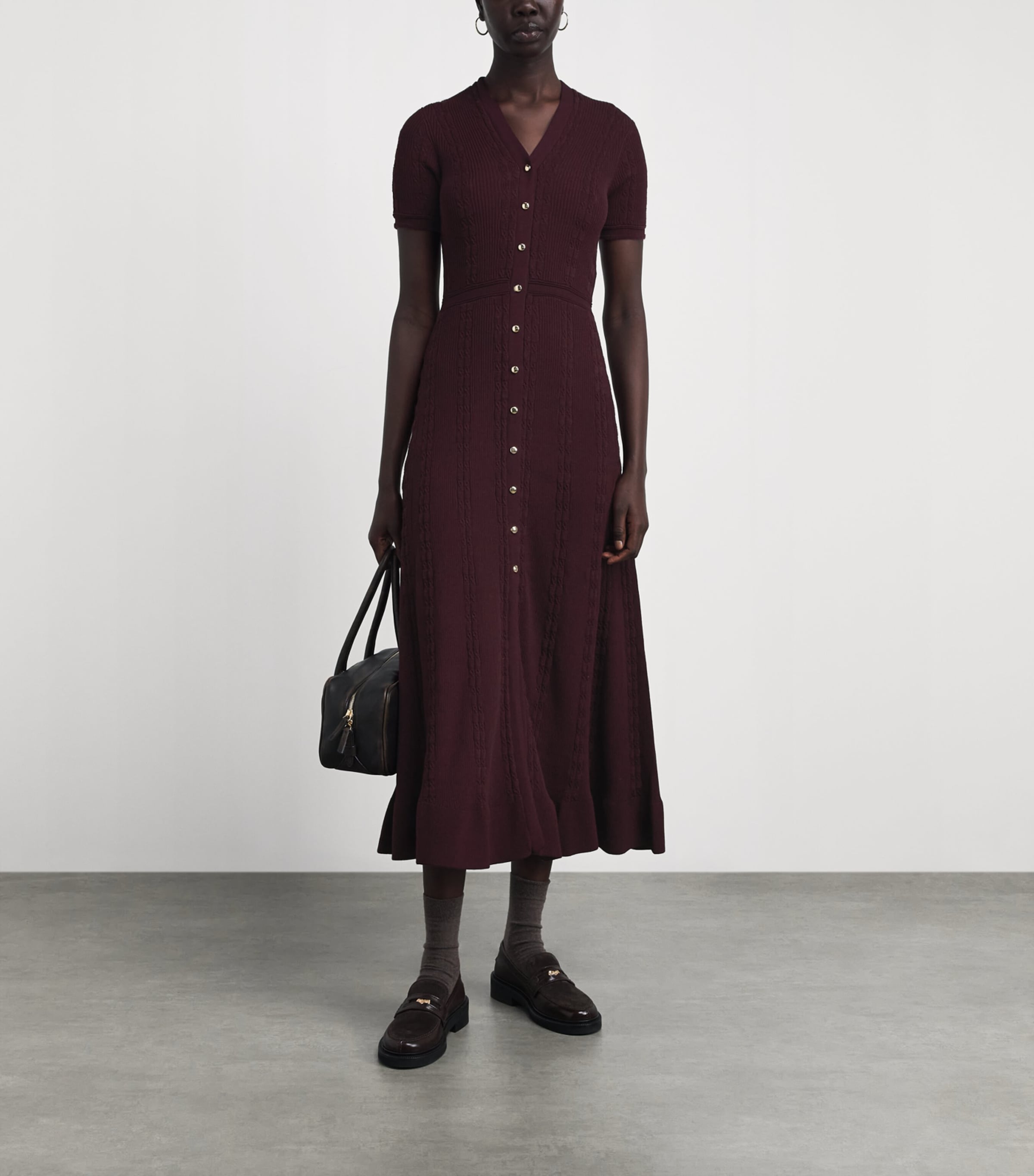 Maje Womens Cable-Knit Button Midi Dress Burgundy Image 2