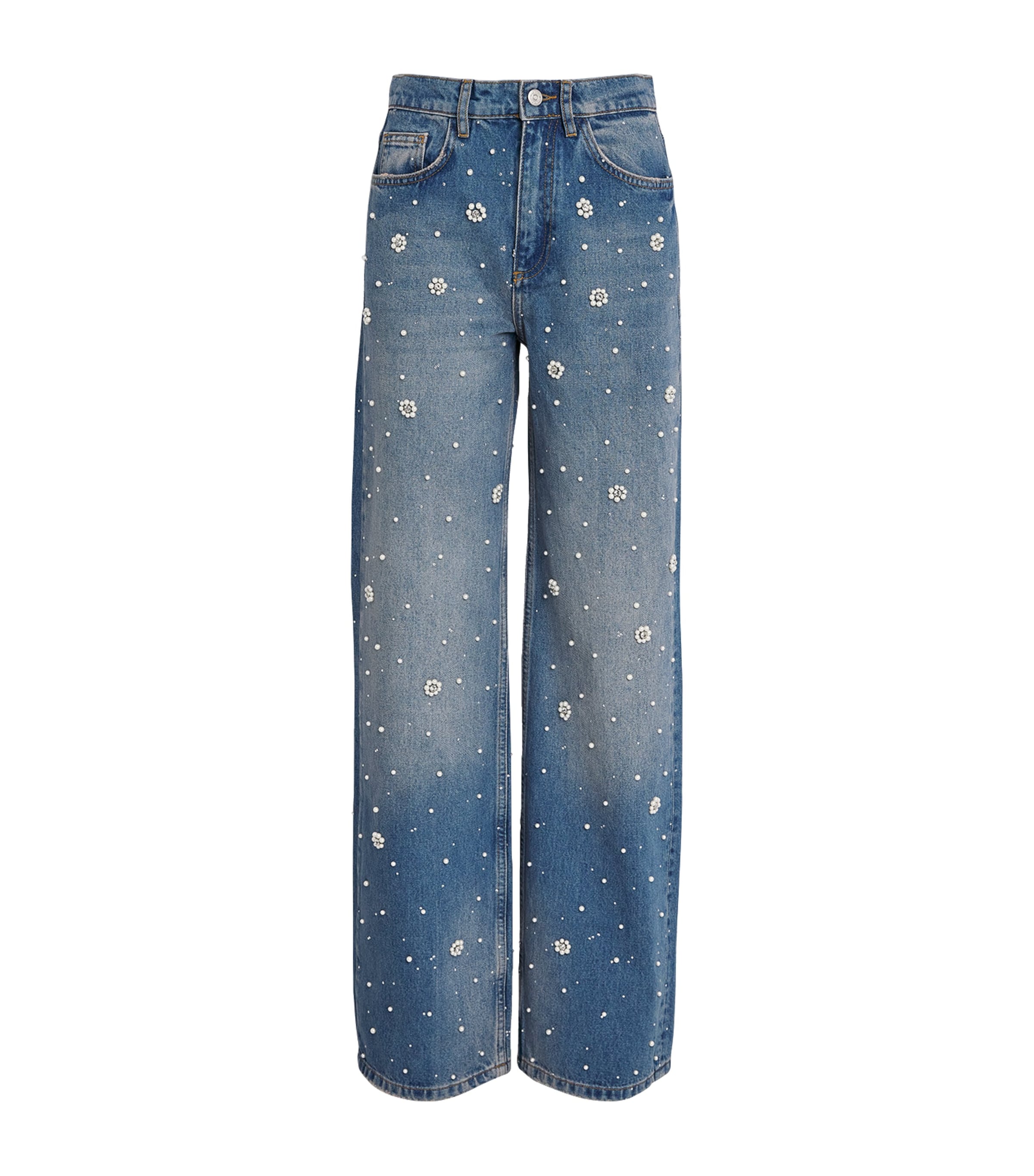 Maje Faux Pearl-embellished Jeans In Blue