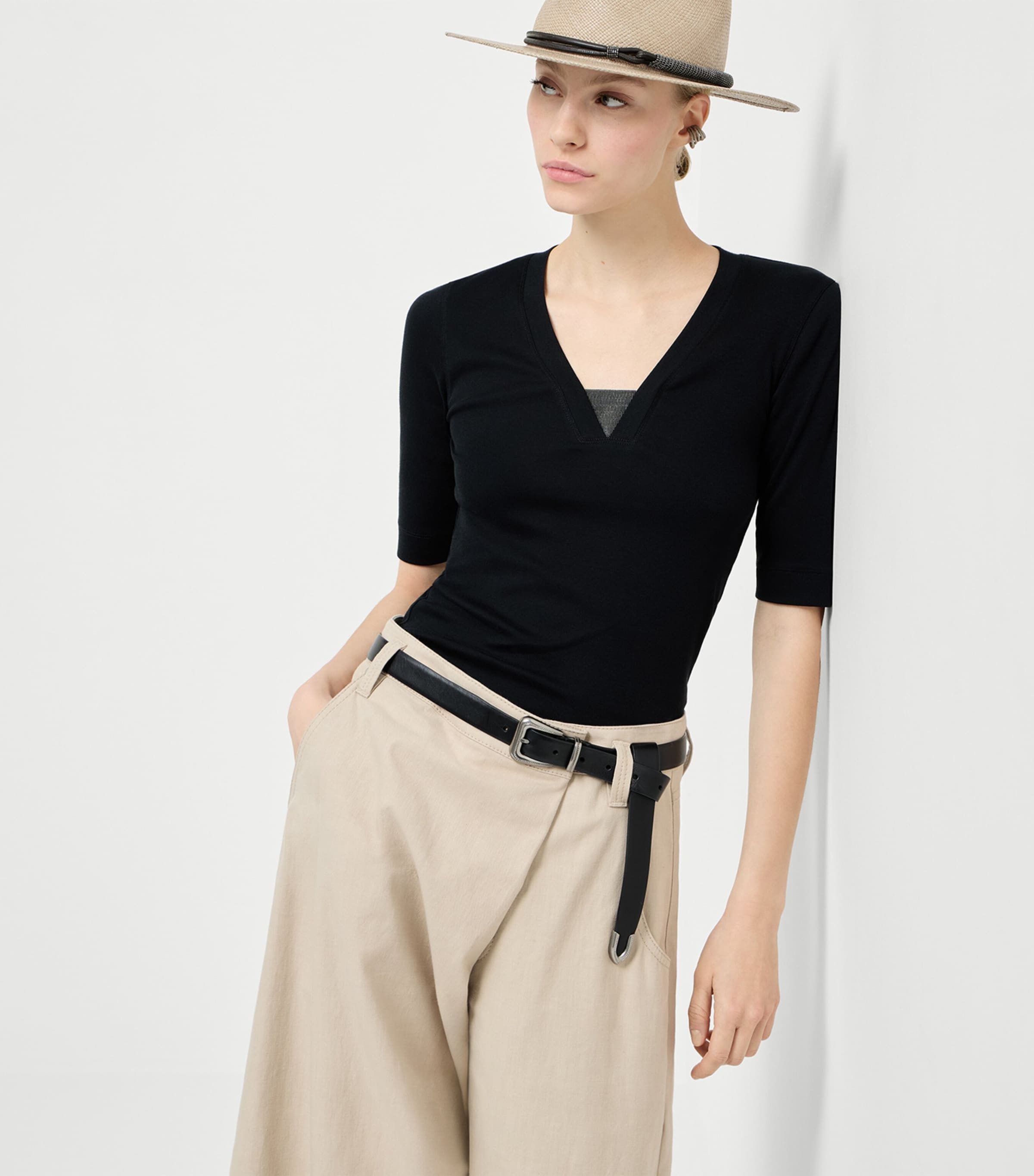BRUNELLO CUCINELLI☆カットソー☆ Brunello Cucinelli Black Stretch-Cotton Monili-Detail T-Shirt
