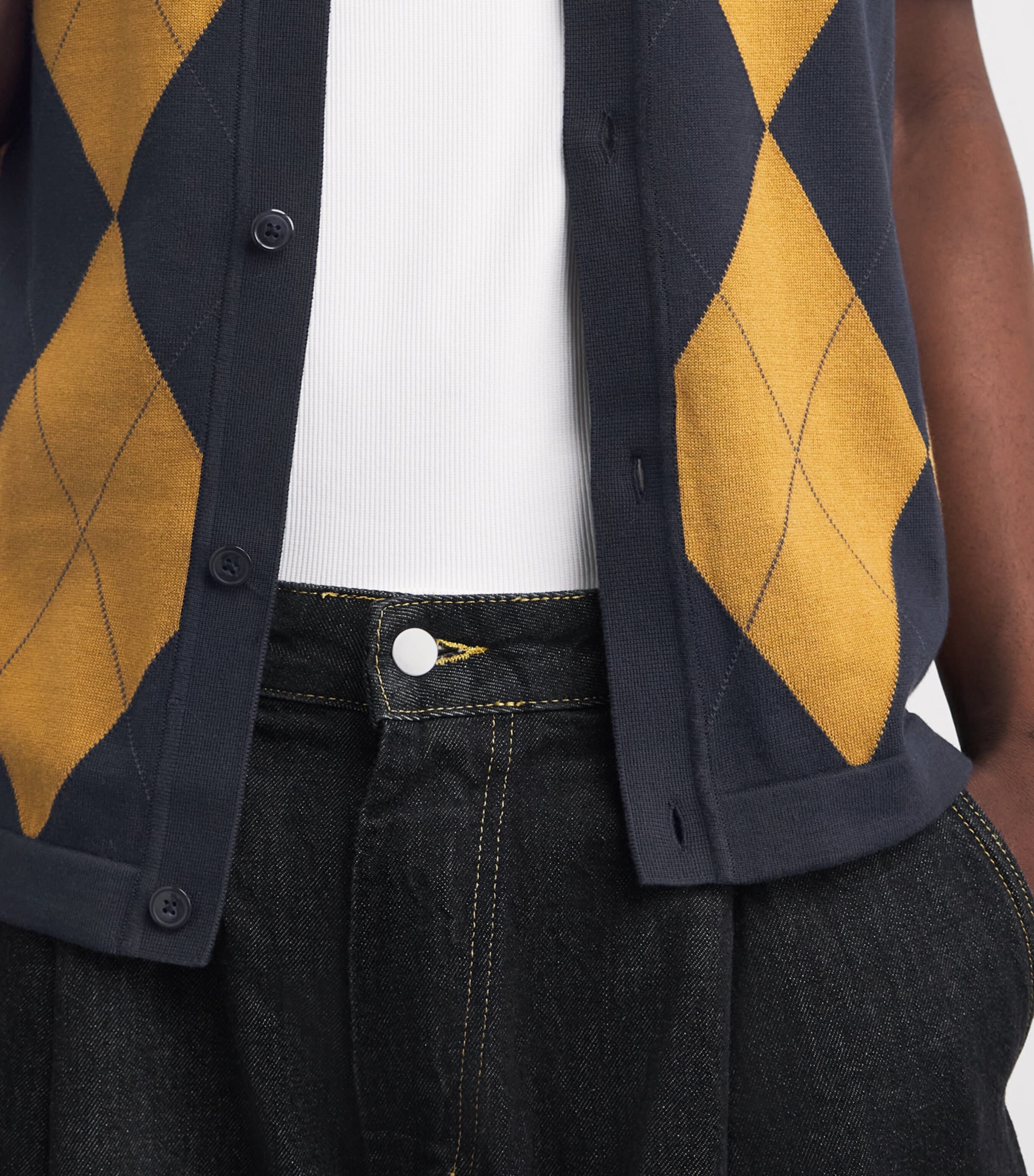 Fred Perry Mens Cotton Knitted Argyle Shirt Navy Image 3