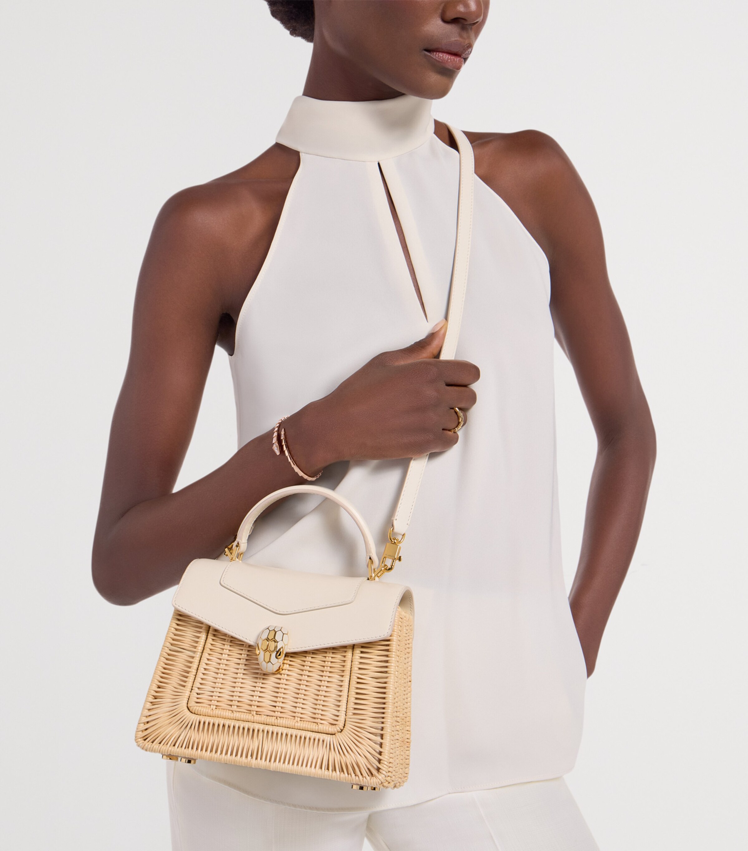 Bvlgari Medium Rattan-Leather Serpenti Forever Top-Handle Bag White Image 2