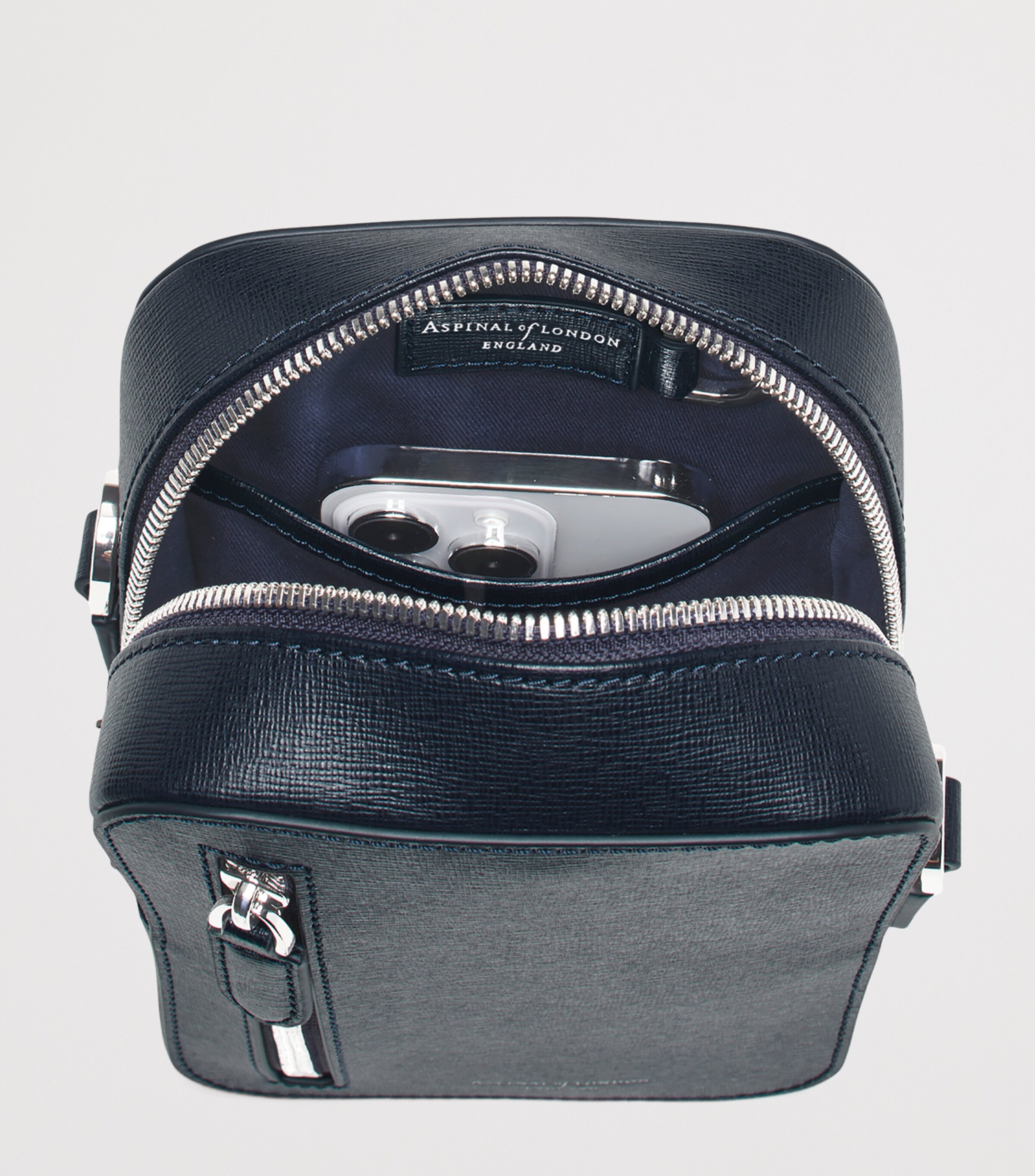 Aspinal Of London Leather Reporter North South Cross-Body Bag Navy Image 5