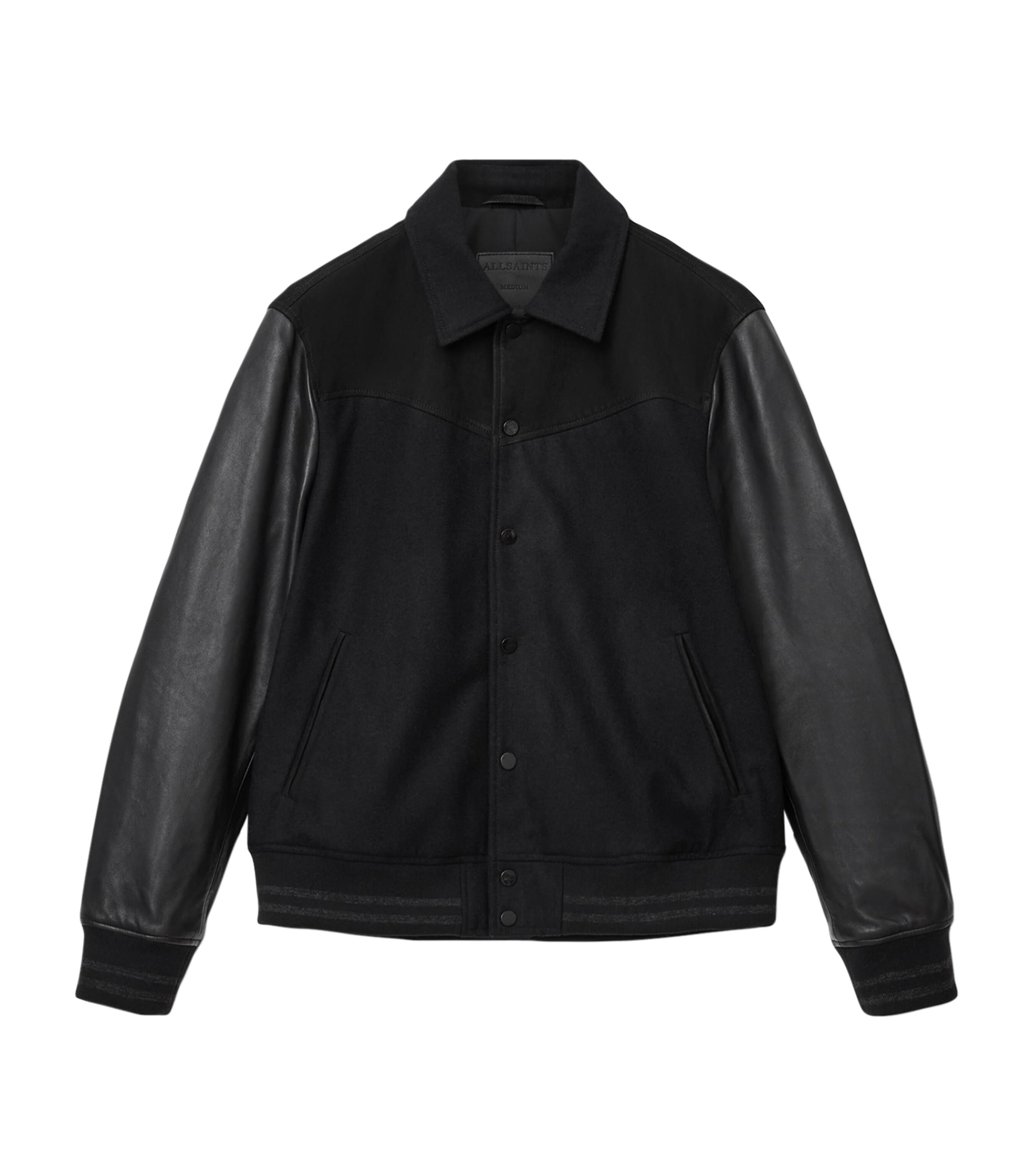 Allsaints Mens Black Endleton Contrast-panel Leather And Woven Bomber Jacket In Black