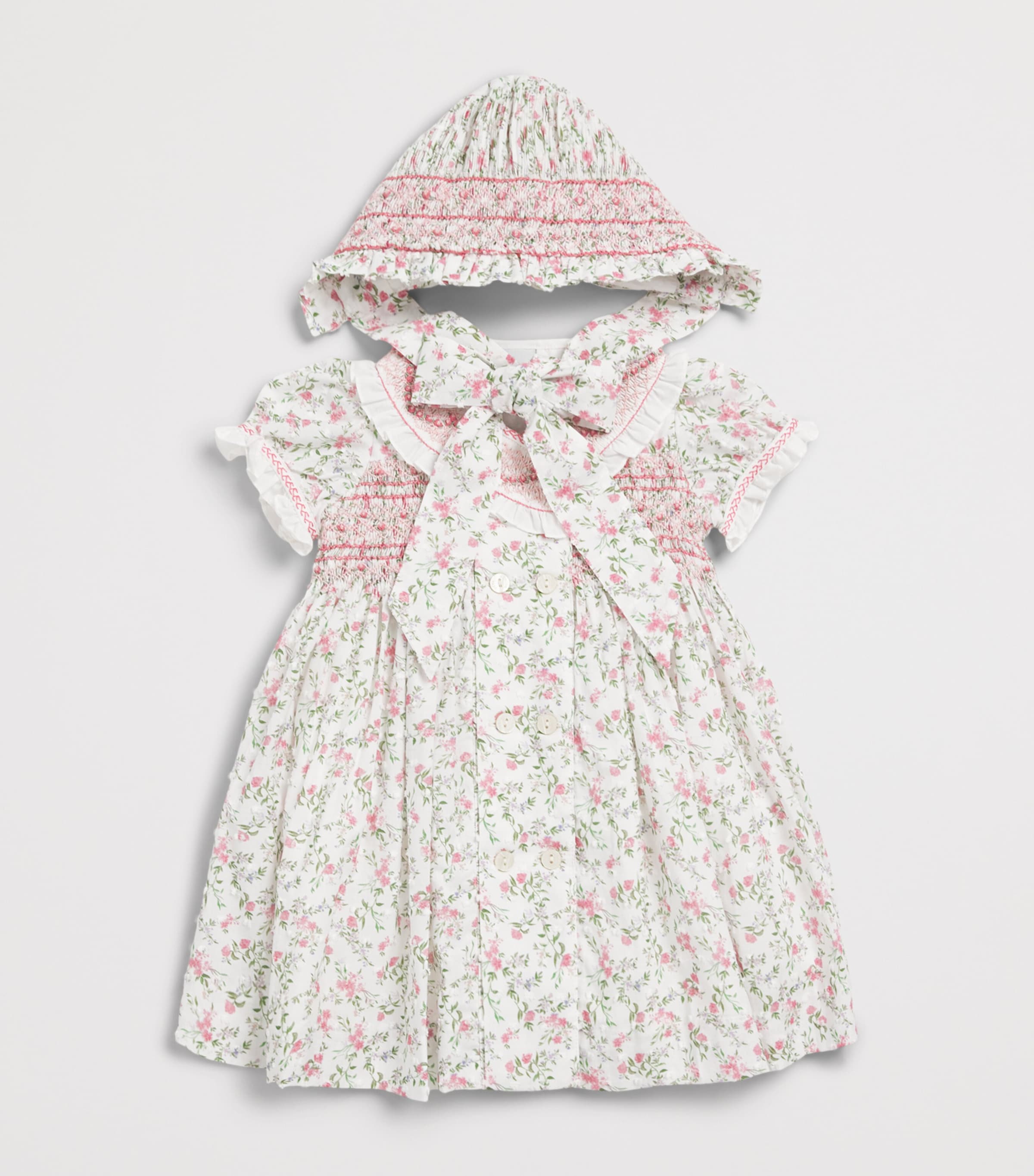 PEPA LONDON Cotton Hand-Smocked Floral Bonnet Pink Image 3