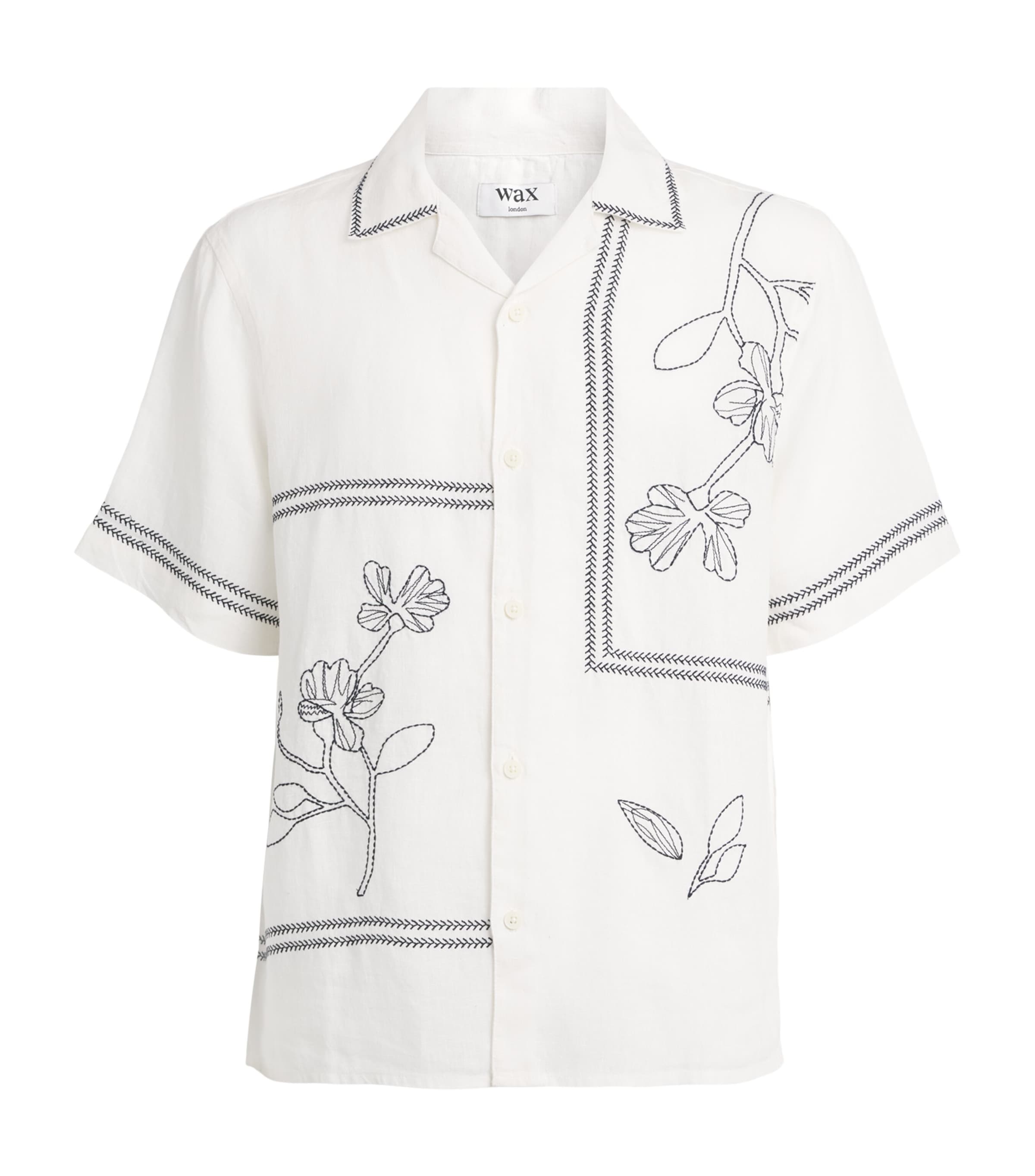 Wax London Mens Linen Embroidered Didcot Shirt Ecru / Navy Image 1