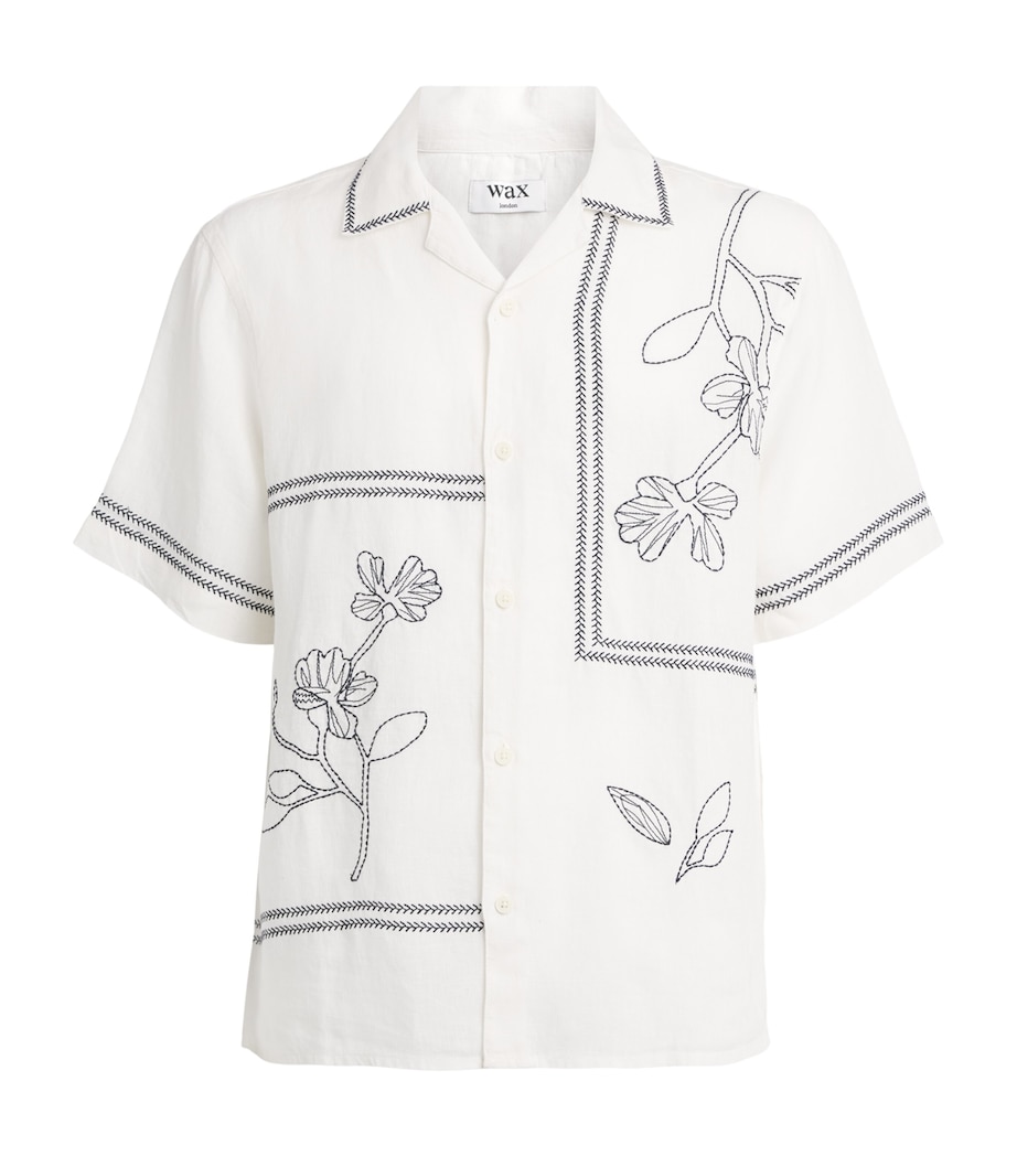 Wax London Mens Linen Embroidered Didcot Shirt Ecru / Navy Image 1