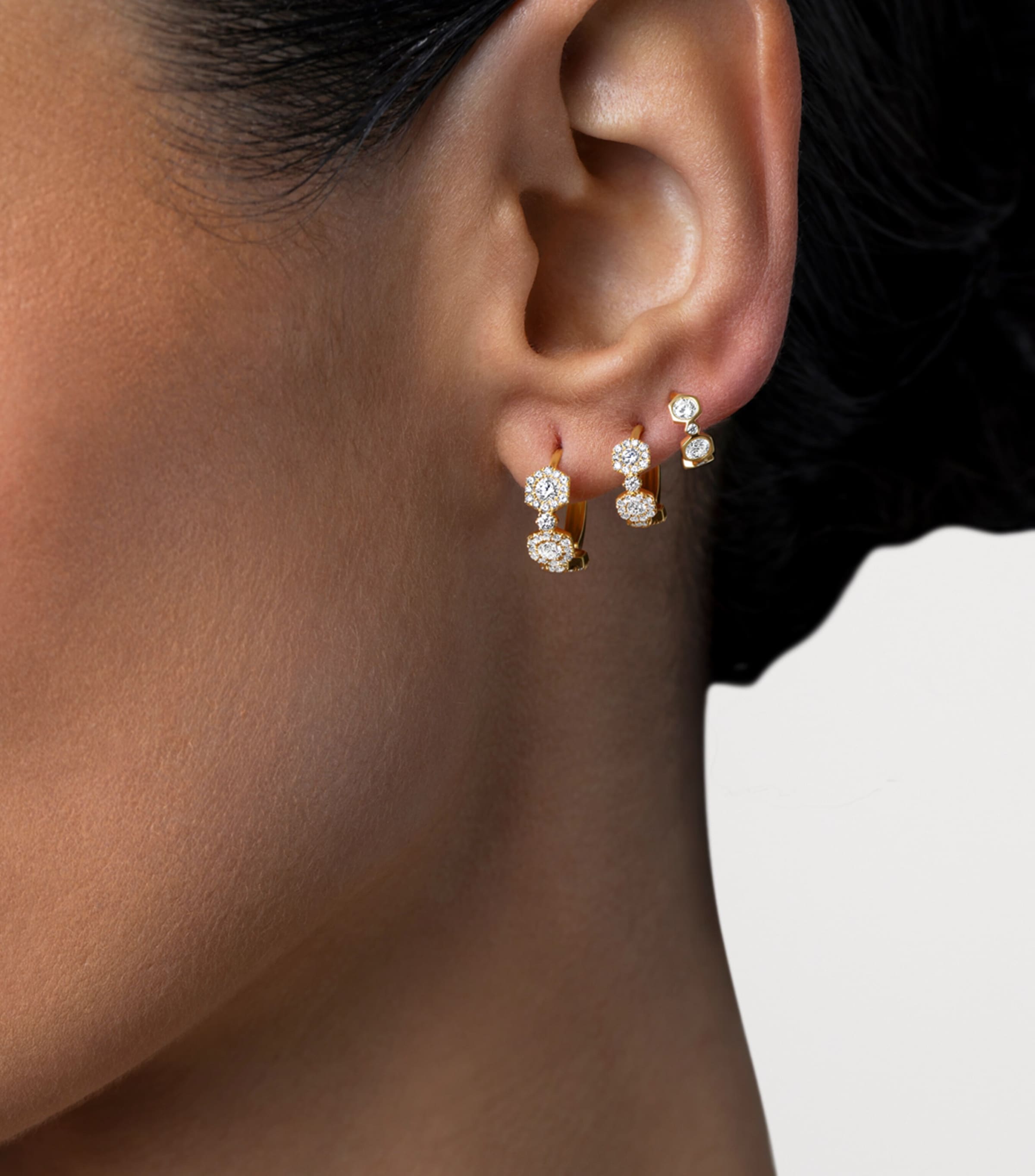 David Morris Yellow Gold and Diamond Triolette Hexagon Hoop Earrings Clear Image 2